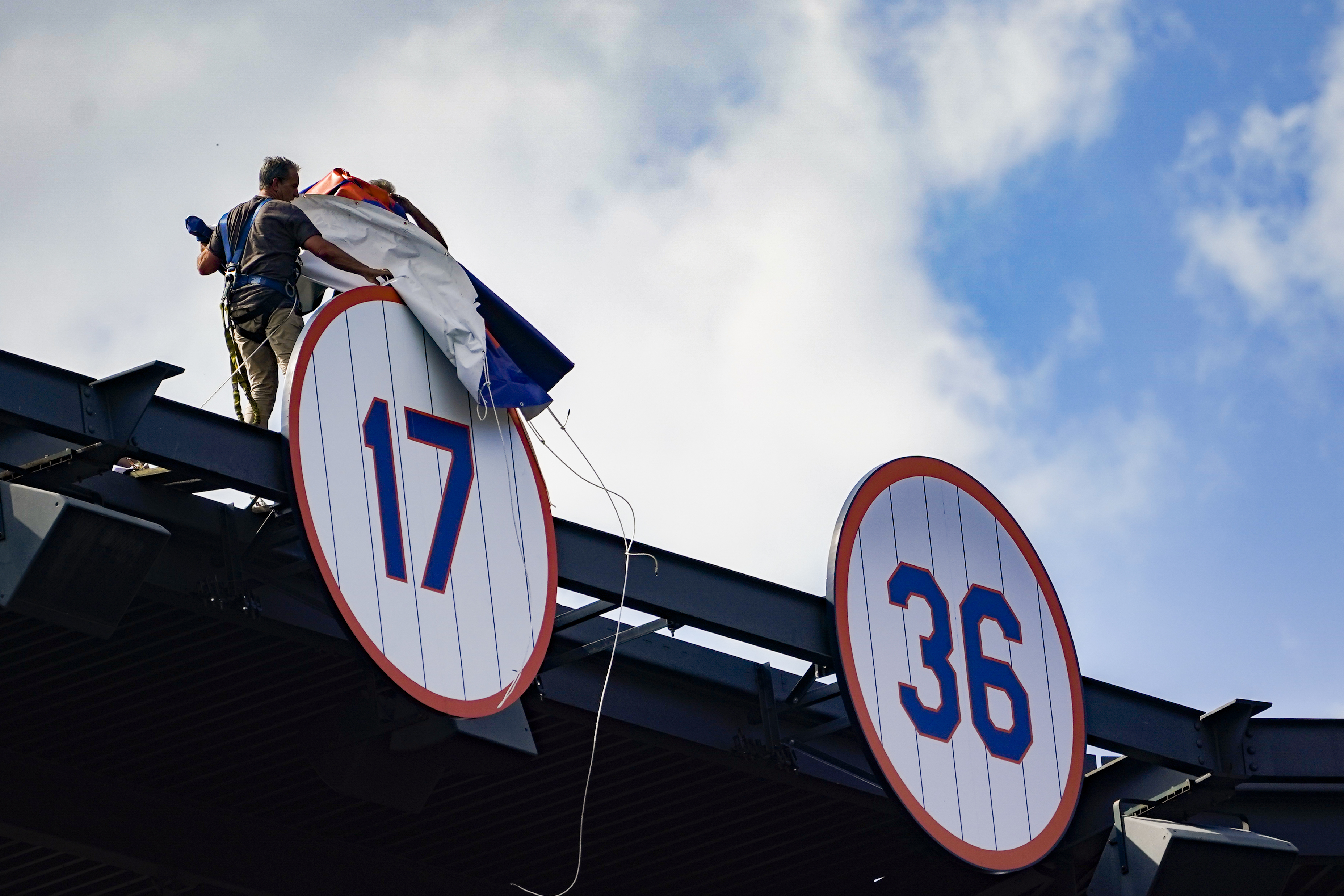 The Mets' retired numbers on the left field wall at Citi F…