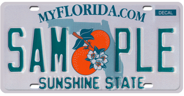 Florida MyFlorida.com License Plate green numbers on white with Twin Oranges