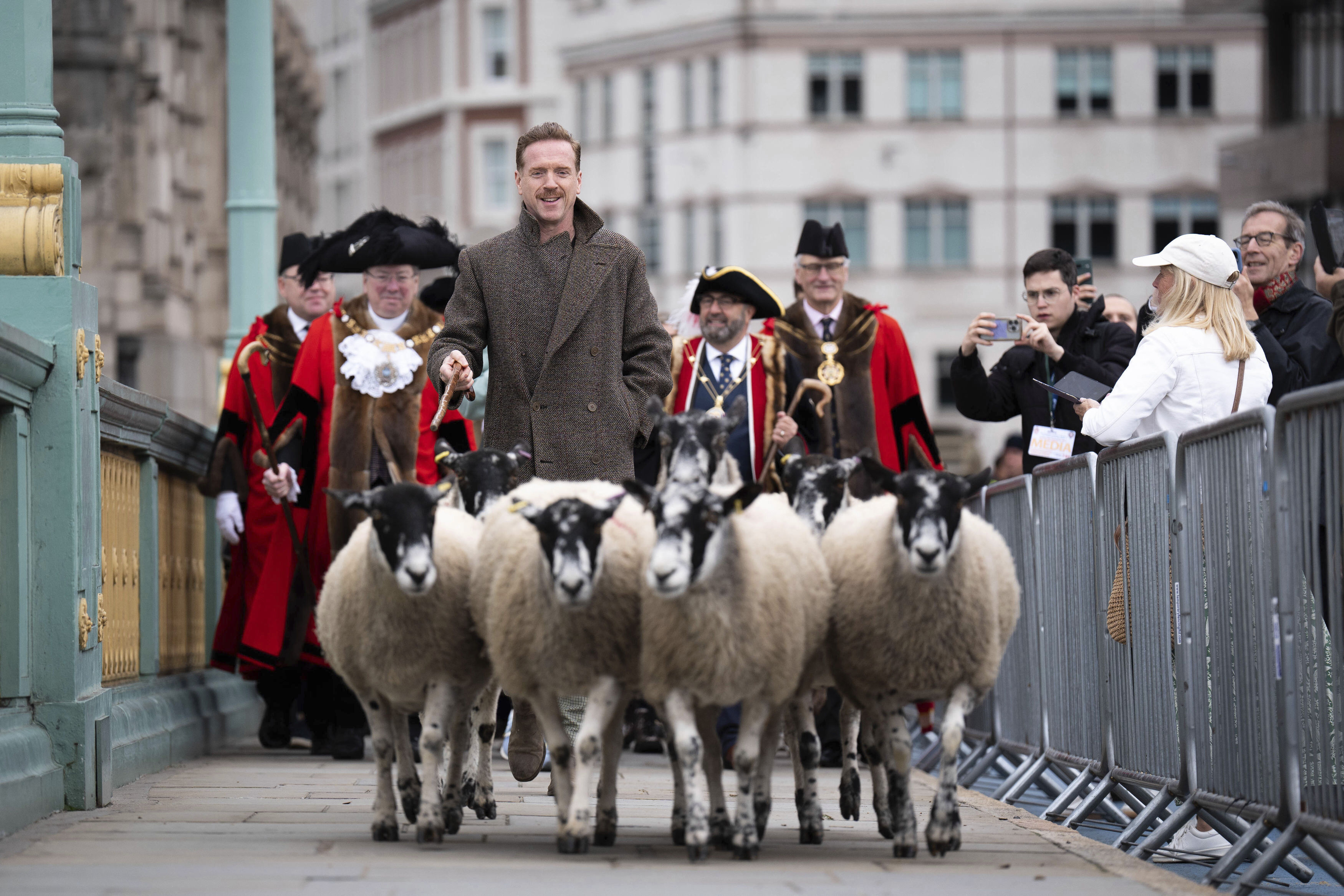 Damian Lewis herds sheep over a London bridge in homage to a