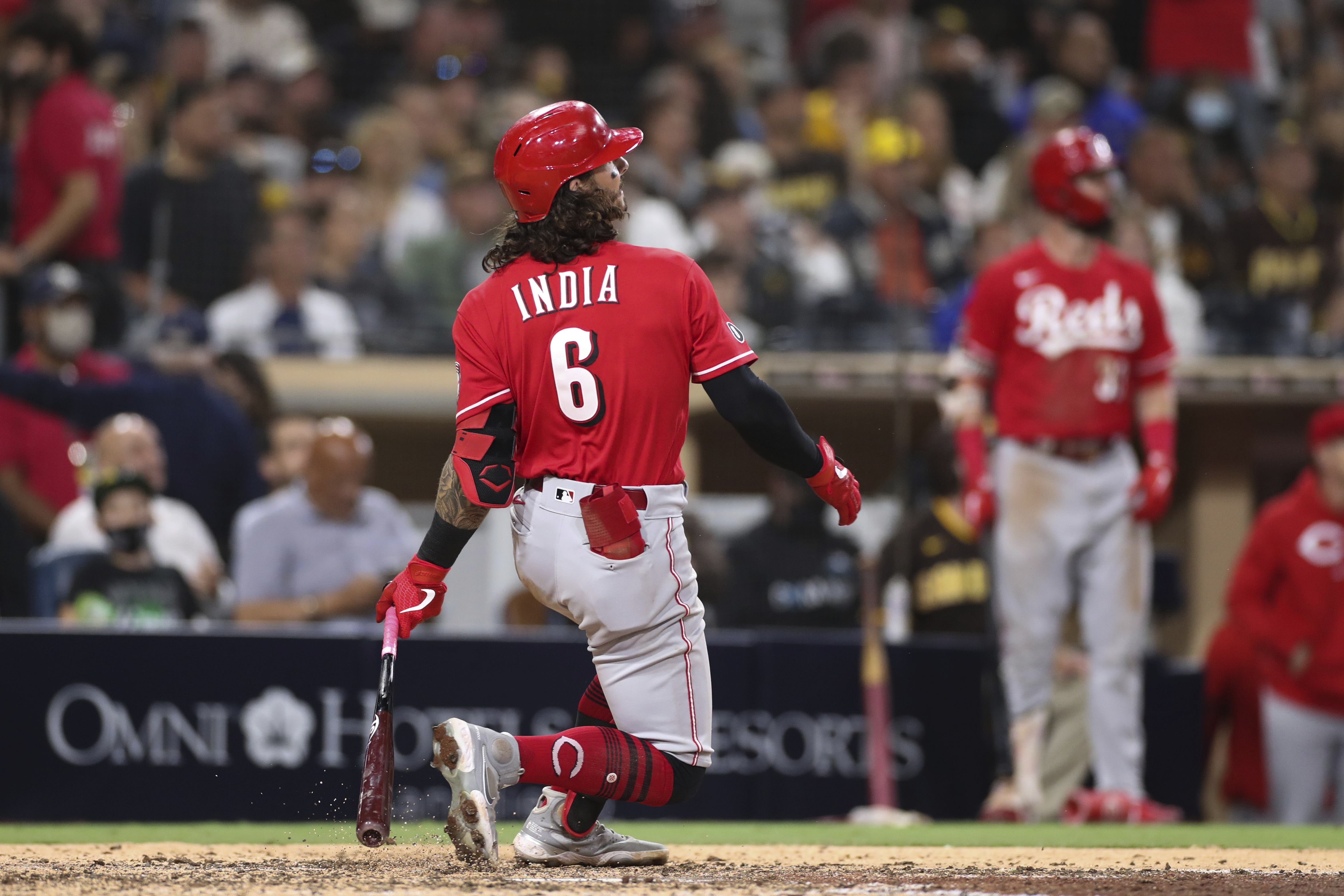 Cincinnati Reds' Kyle Farmer runs the bases after hitting a solo home run  during the fourth inning of a baseball game against the St. Louis Cardinals  in Cincinnati, Friday, July 23, 2021. (