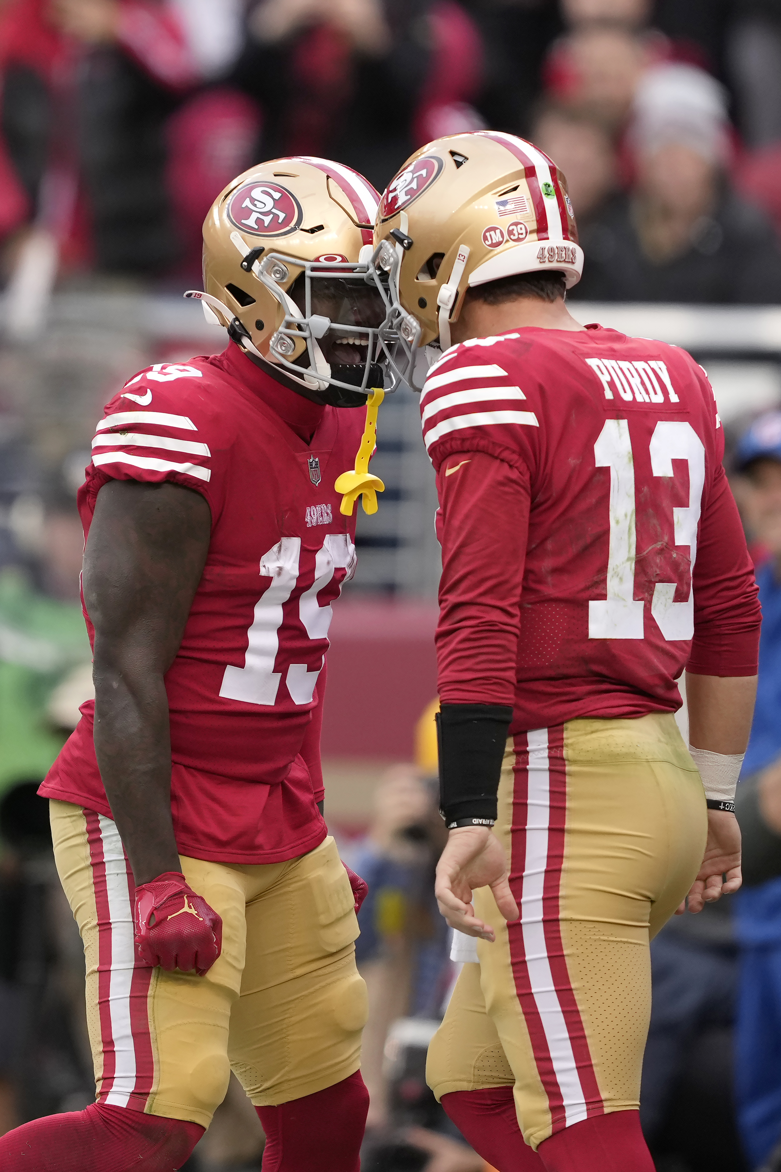 San Francisco 49ers wide receiver Deebo Samuel (19) celebrates during the  NFL football NFC Championship game against the Green Bay Packers, Sunday,  Jan. 19, 2020, in Santa Clara, Calif. The 49ers defeated