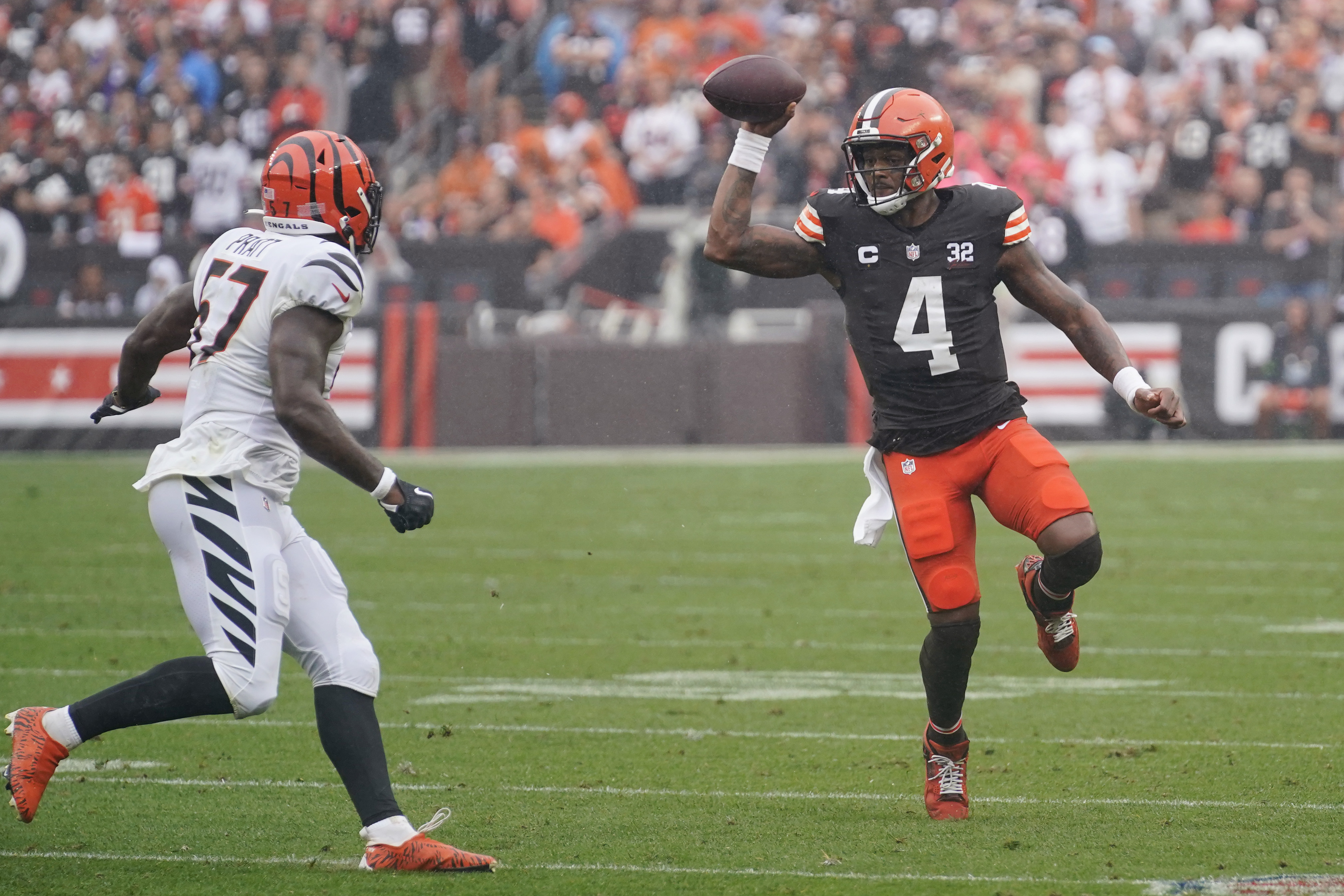 CLEVELAND, OH - DECEMBER 24: Cleveland Browns quarterback Deshaun Watson  (4) looks to pass during the second quarter of the National Football League  game between the New Orleans Saints and Cleveland Browns