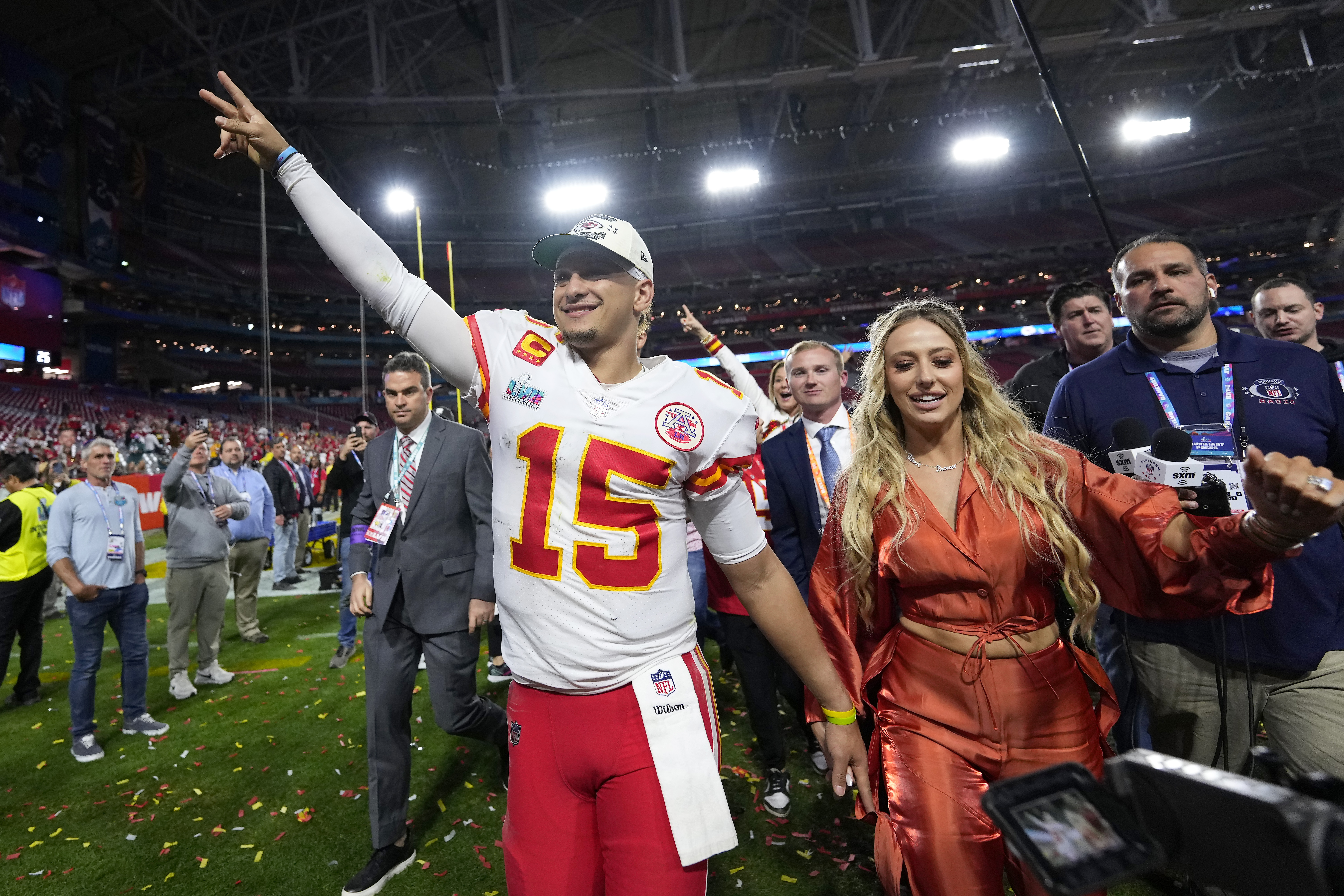 Mahomes SB Jersey, Patrick Mahomes showing off his Super Bowl jersey  