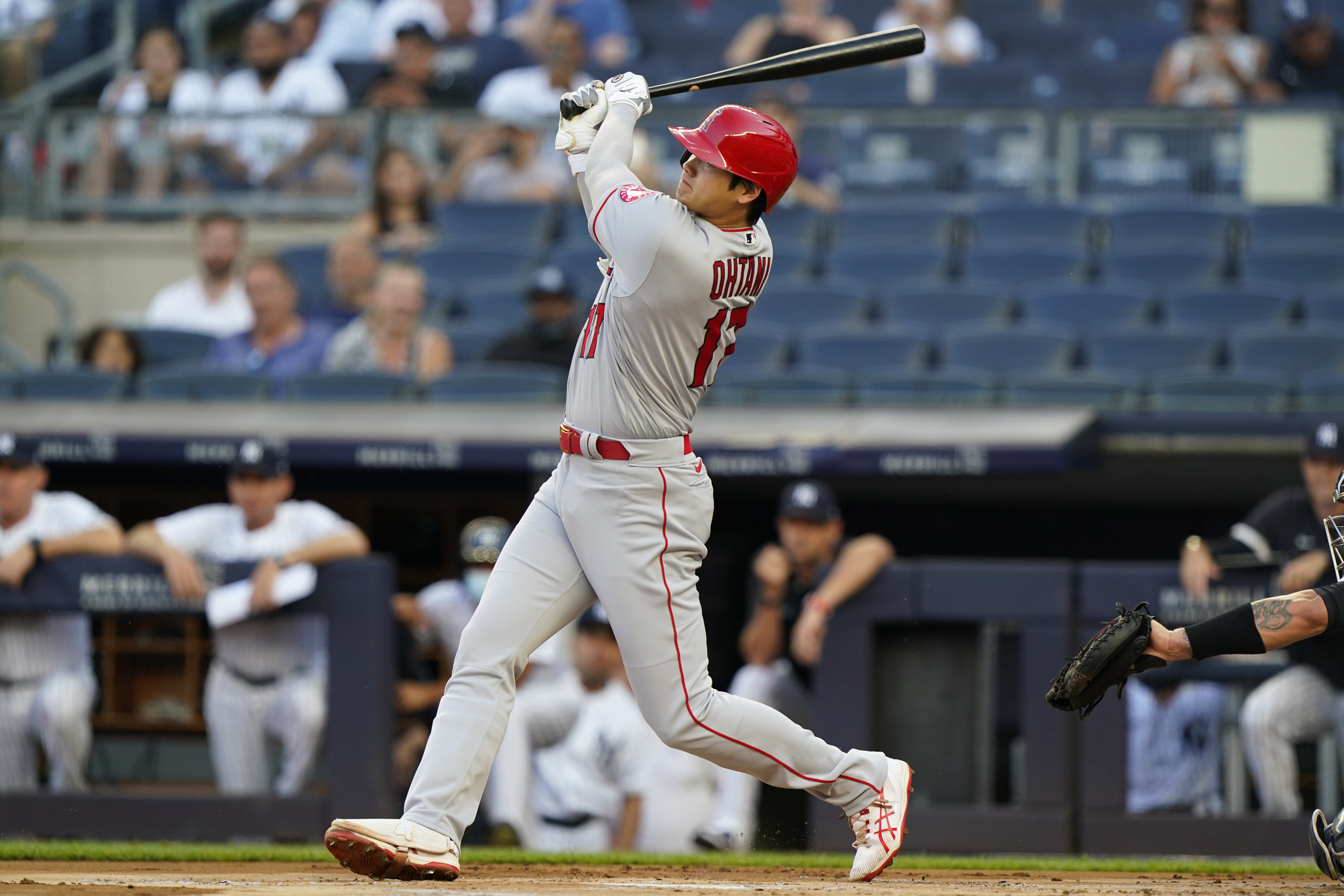 Los Angeles Angels' Gio Urshela (10) hits an RBI single during the eighth  inning of a baseball game against the New York Yankees Wednesday, April 19,  2023, in New York. (AP Photo/Frank