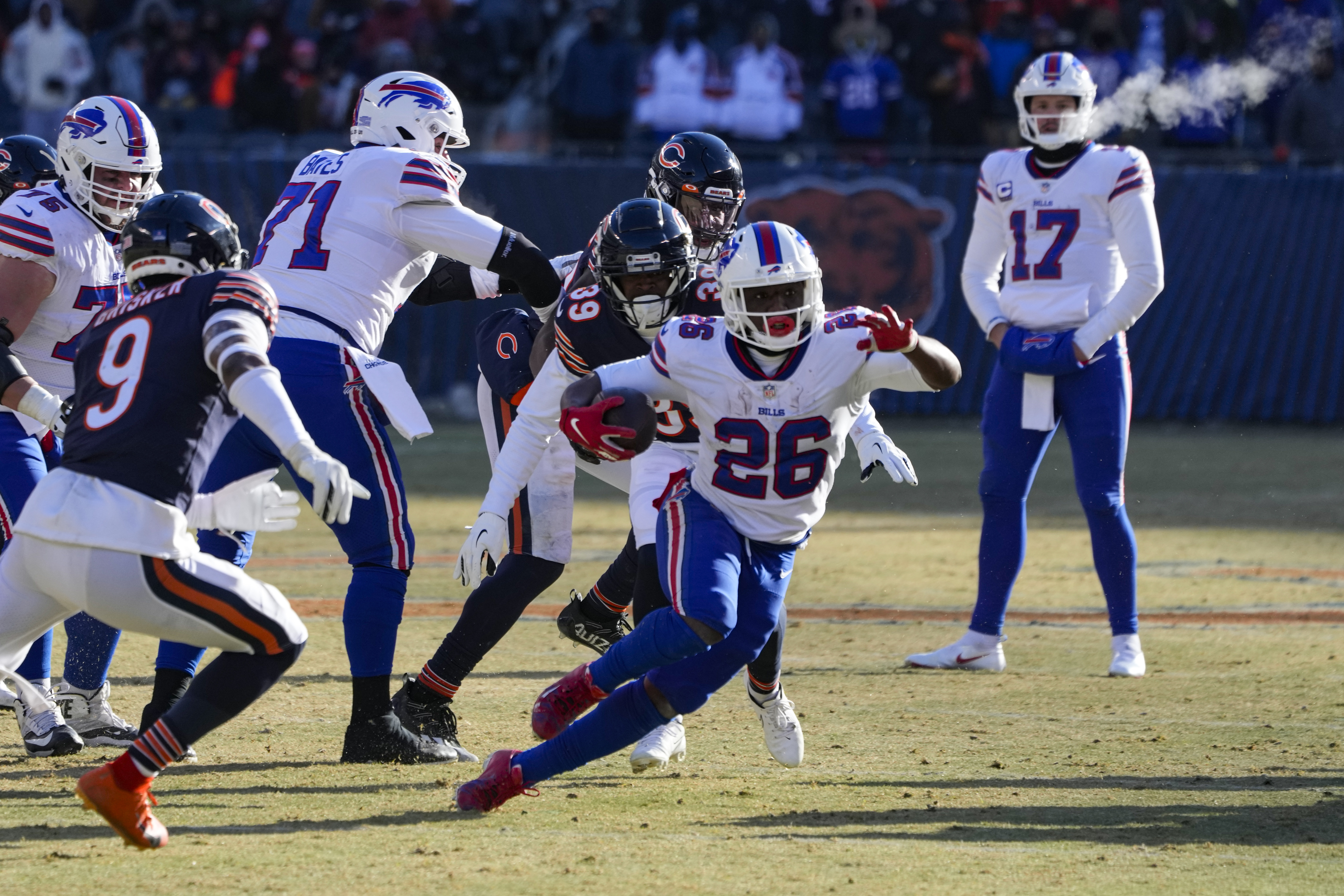 Buffalo Bills tackle Spencer Brown (79) walks off the field following a win  in an NFL