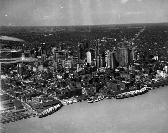 Aerial of the Downtwon Detroit Skyline with Joe Louis Arena in the