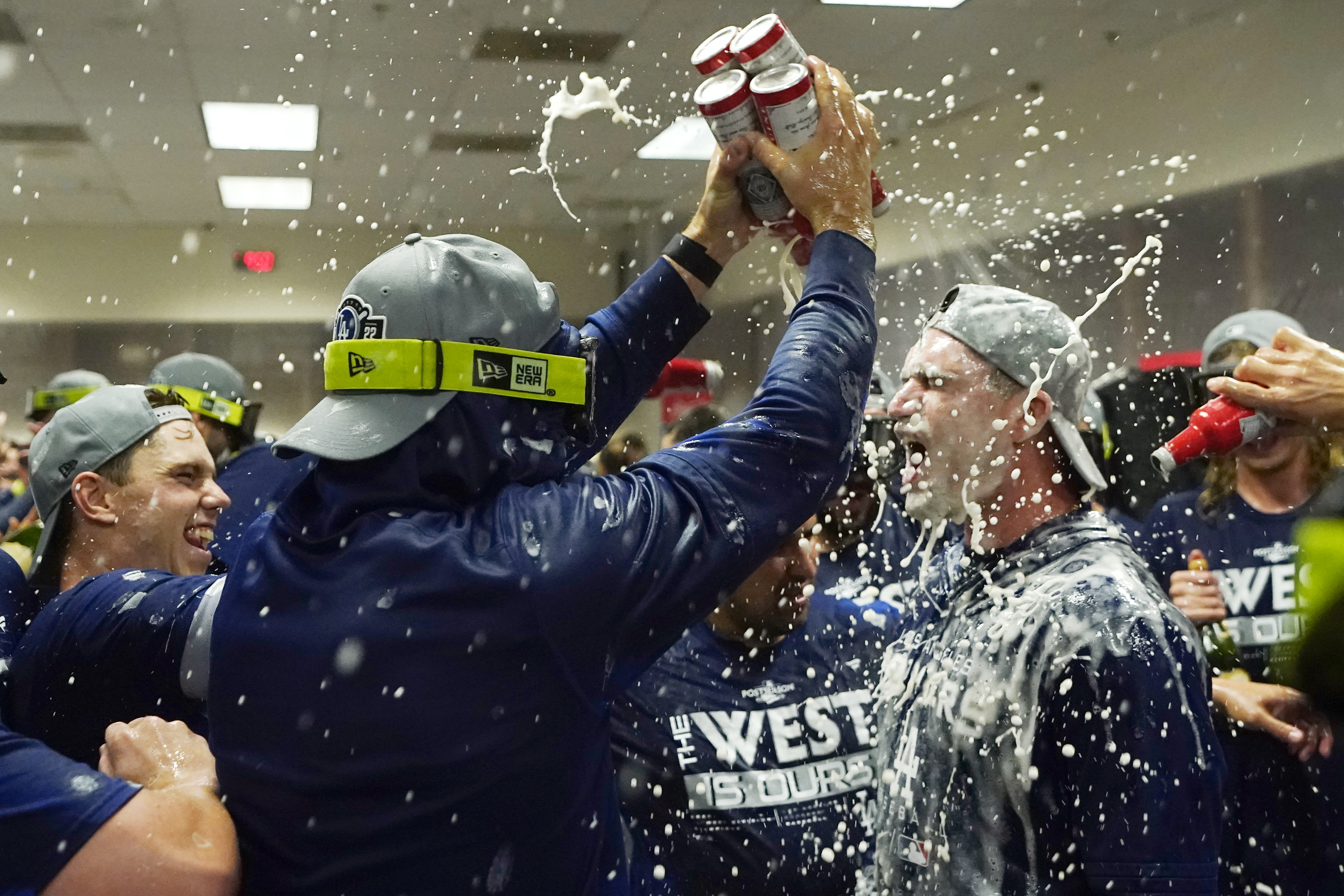 Los Angeles Dodgers team celebration in the locker room after