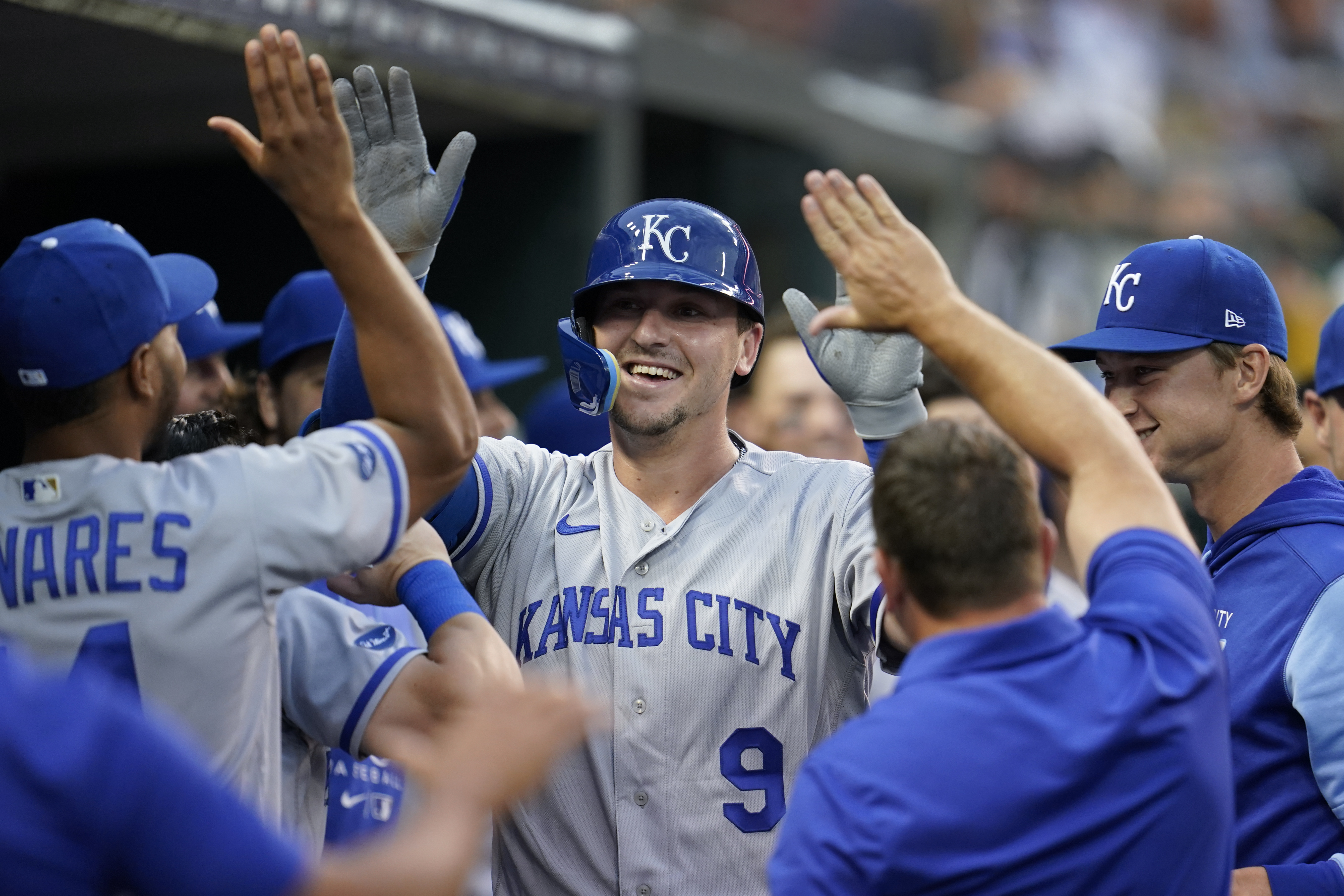 Detroit Tigers' Spencer Torkelson, left, and Eric Haase celebrate