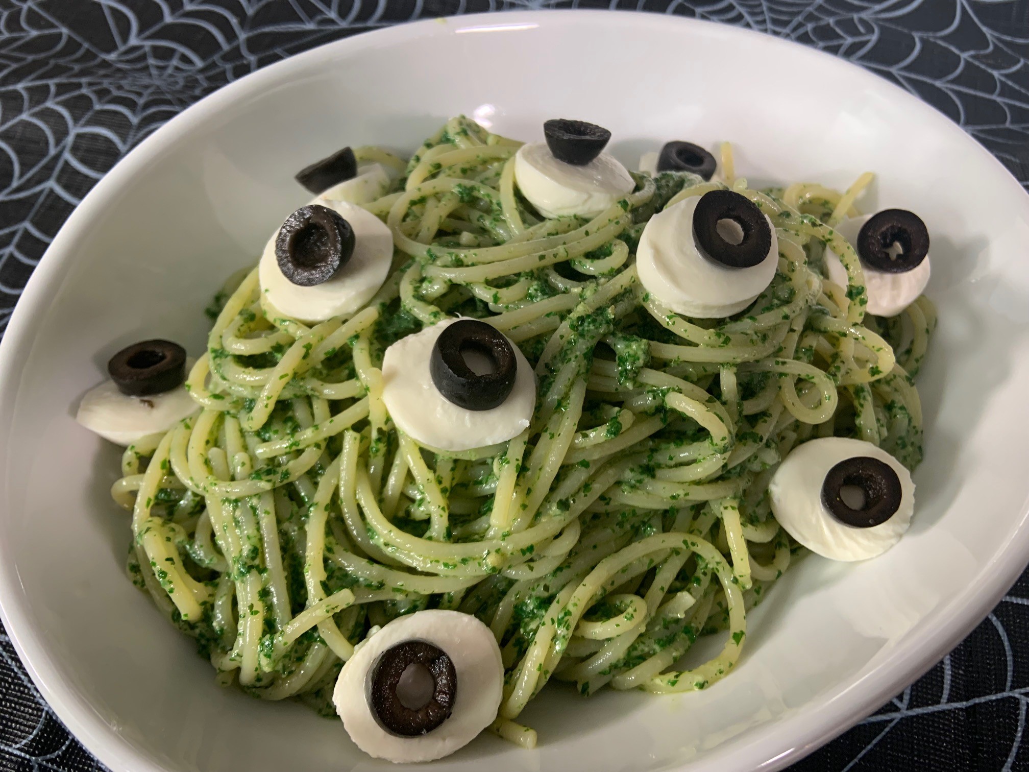 Pesto Pasta with Mozzarella & Olive “Eyes