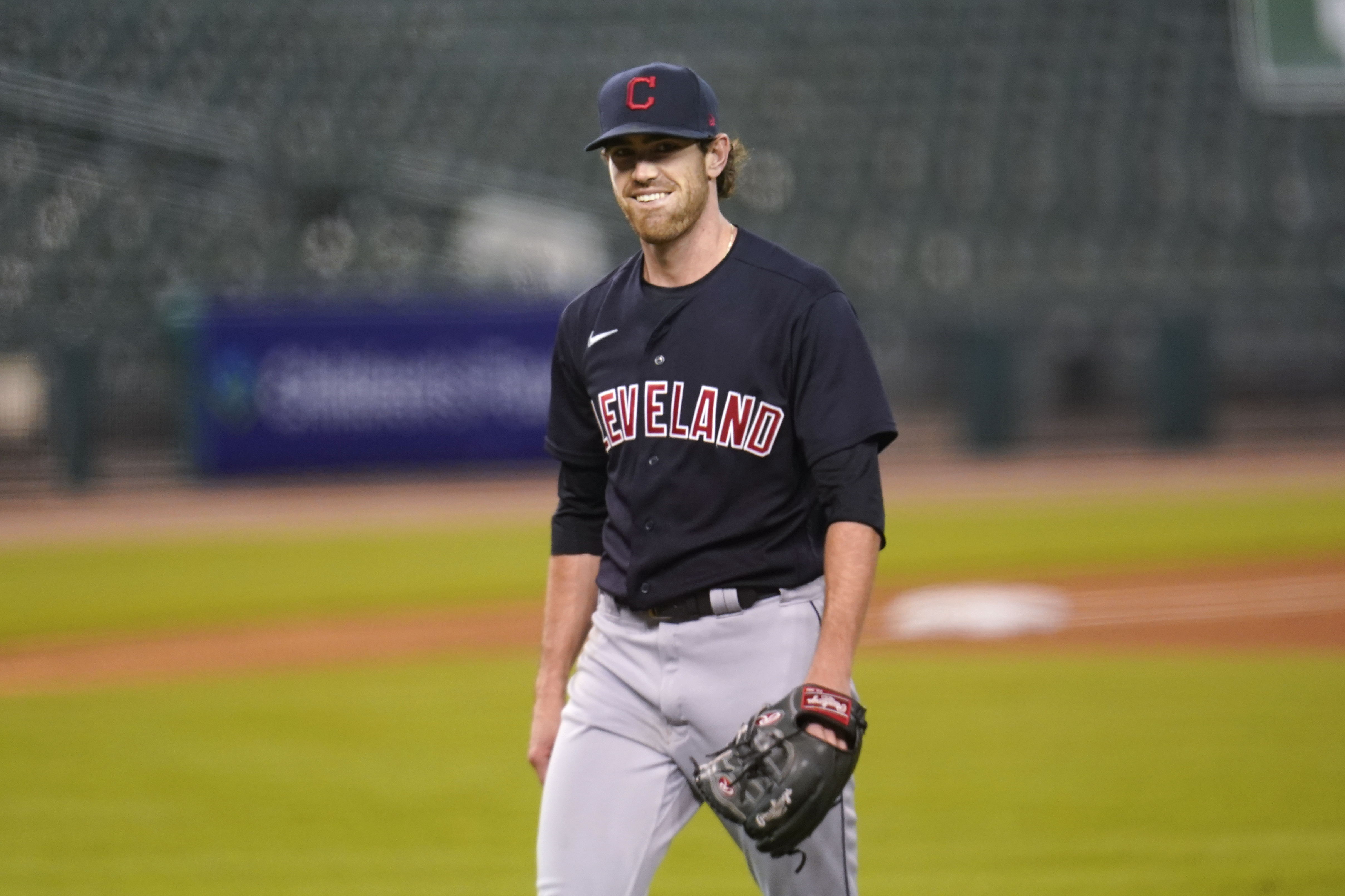 Shane Bieber of the Cleveland Indians looks on and smiles against