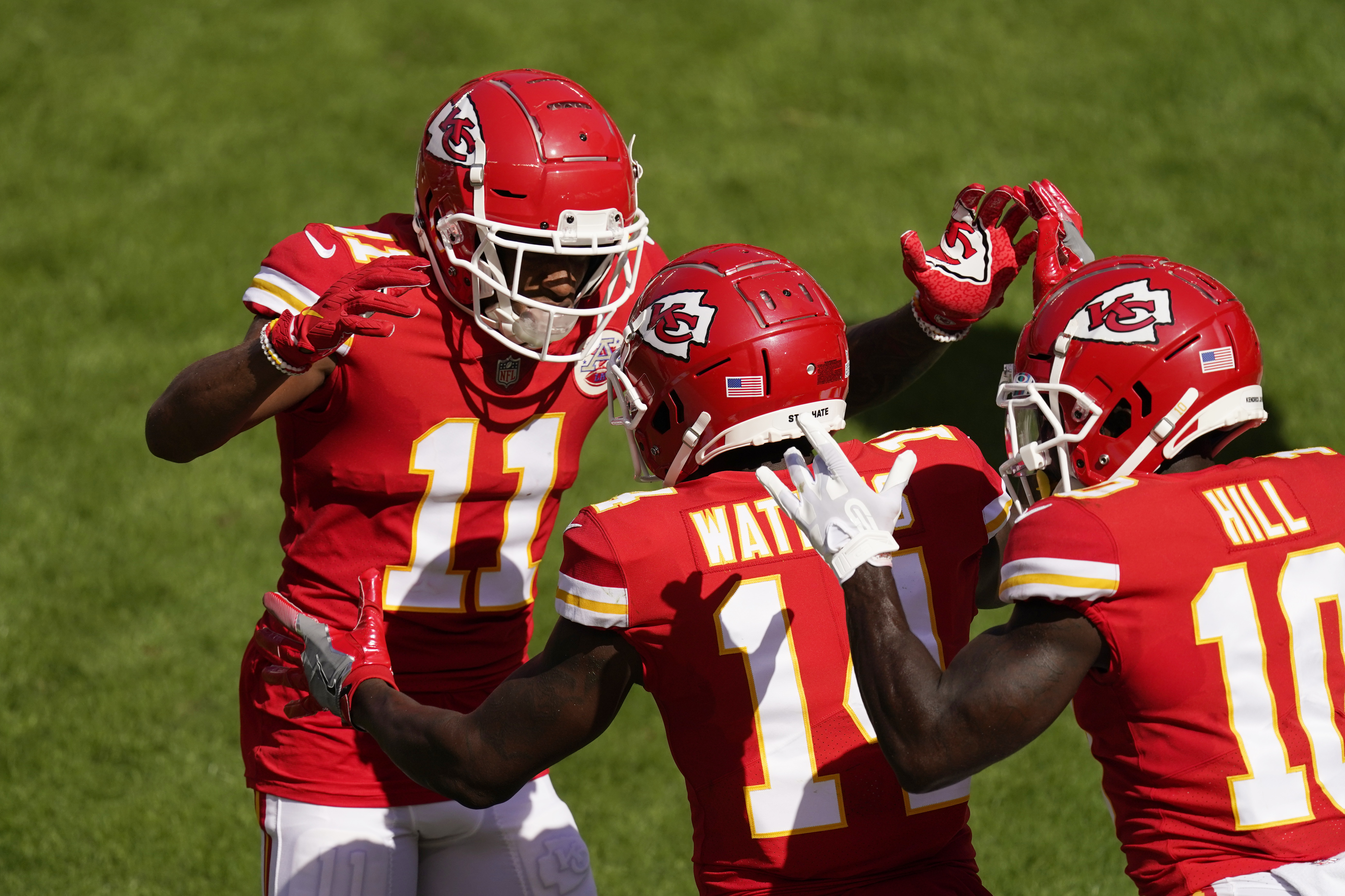 Kansas City Chiefs quarterback Patrick Mahomes looks to pass during the  first half of an NFL football game against the Buffalo Bills Sunday, Oct.  10, 2021, in Kansas City, Mo. (AP Photo/Charlie