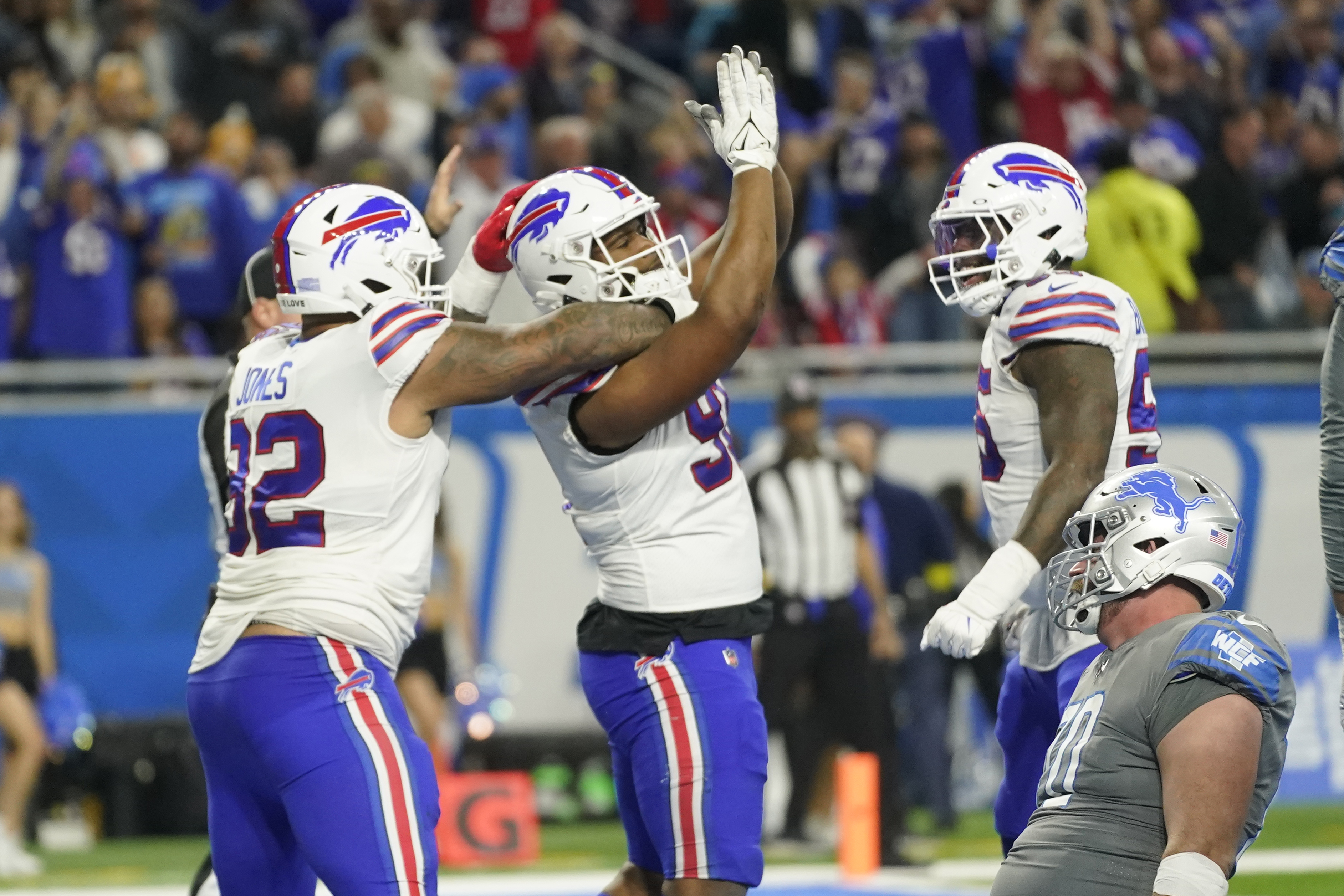 Detroit Lions wide receiver Amon-Ra St. Brown reacts after his 1-yard  reception for a touchdown during the first half of an NFL football game  against the Buffalo Bills, Thursday, Nov. 24, 2022