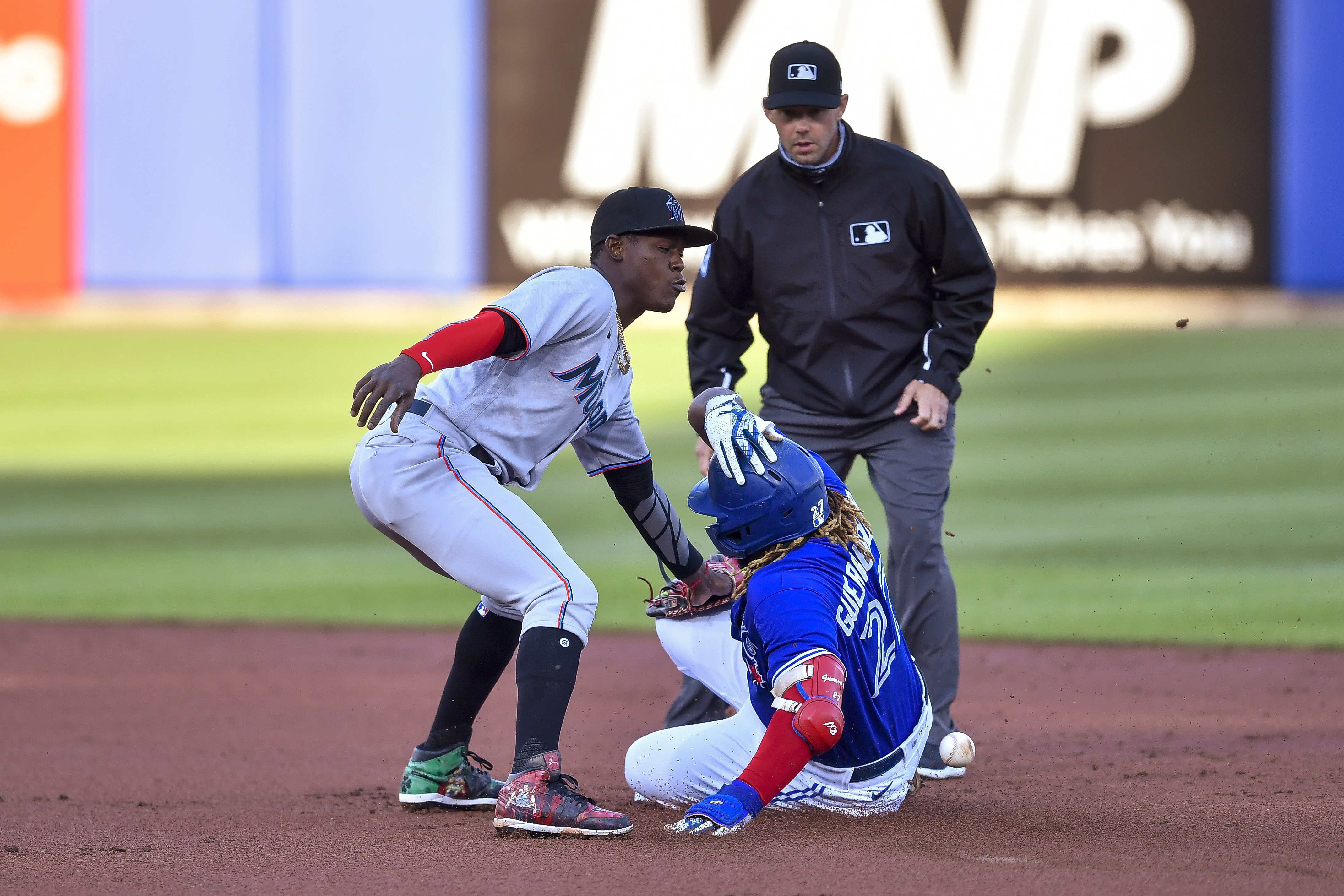 Miami Marlins' Jon Jay (11) celebrates with Jazz Chisholm Jr