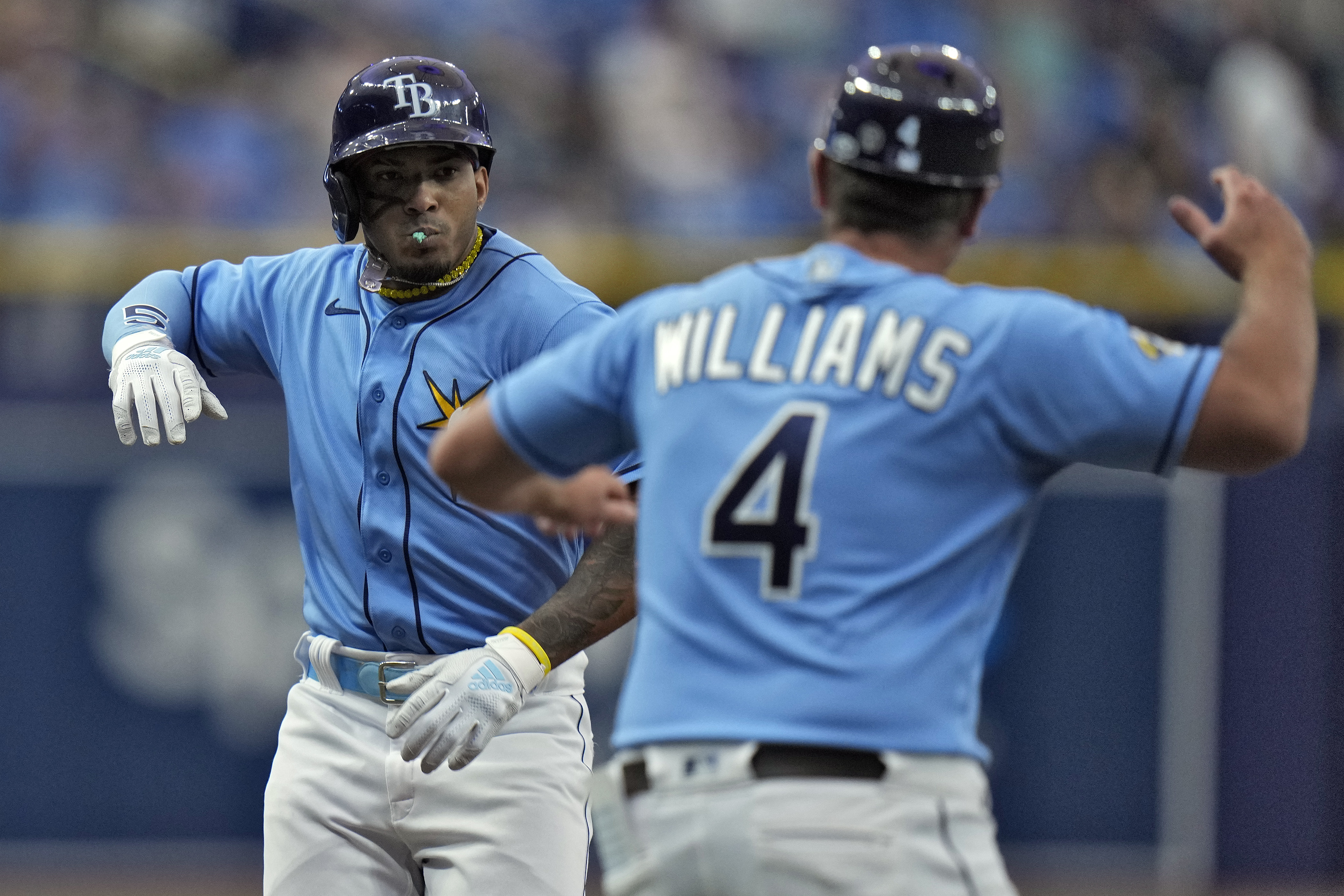 St. Petersburg, USA. 12th Apr, 2022. St. Petersburg, FL USA; Tampa Bay Rays  shortstop Wander Franco (5) runs to the dugout during an MLB game against  the Boston Red Sox on Wednesday