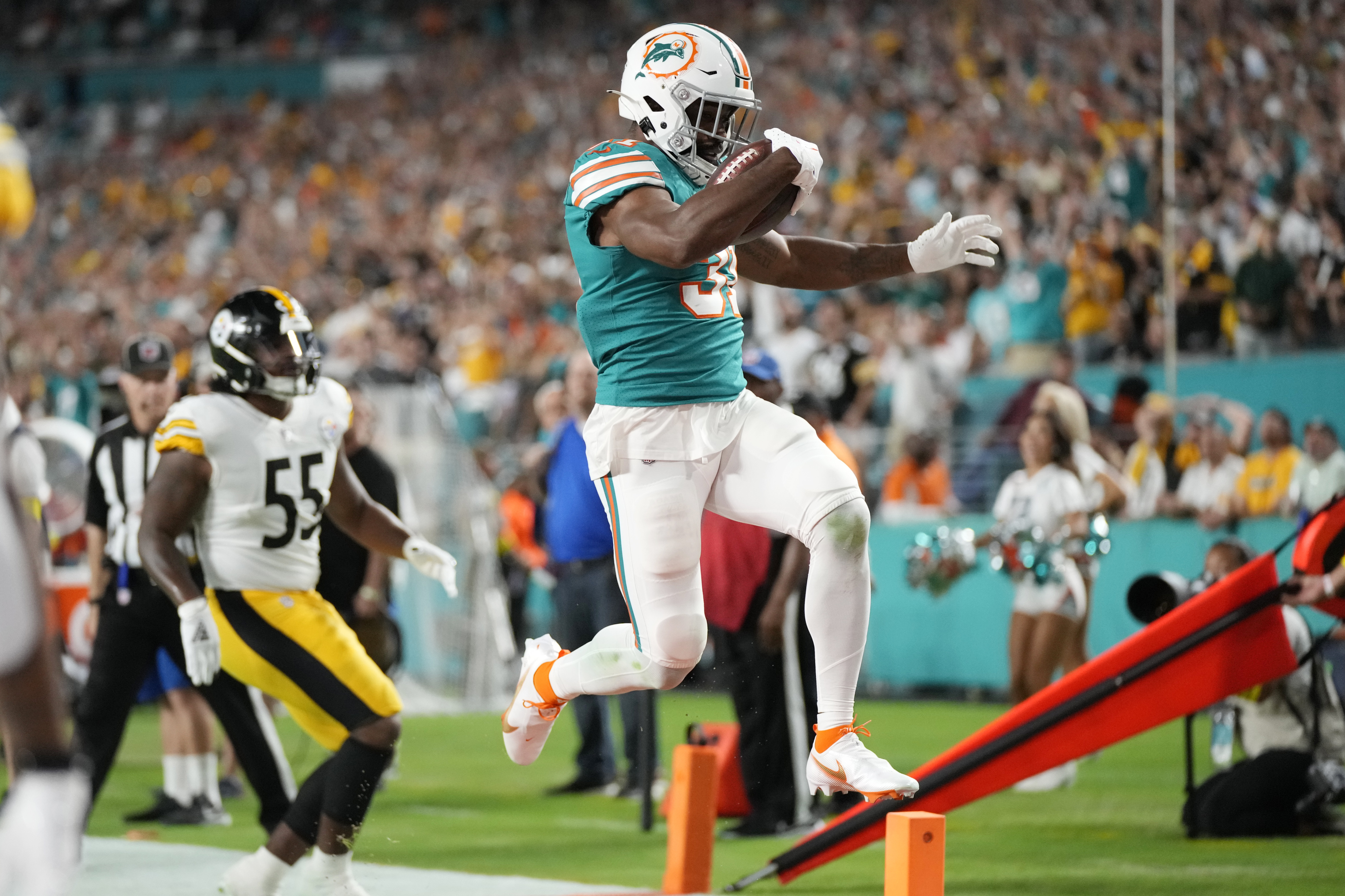 Miami Dolphins safety Brandon Jones (29) eyes the quarterback as