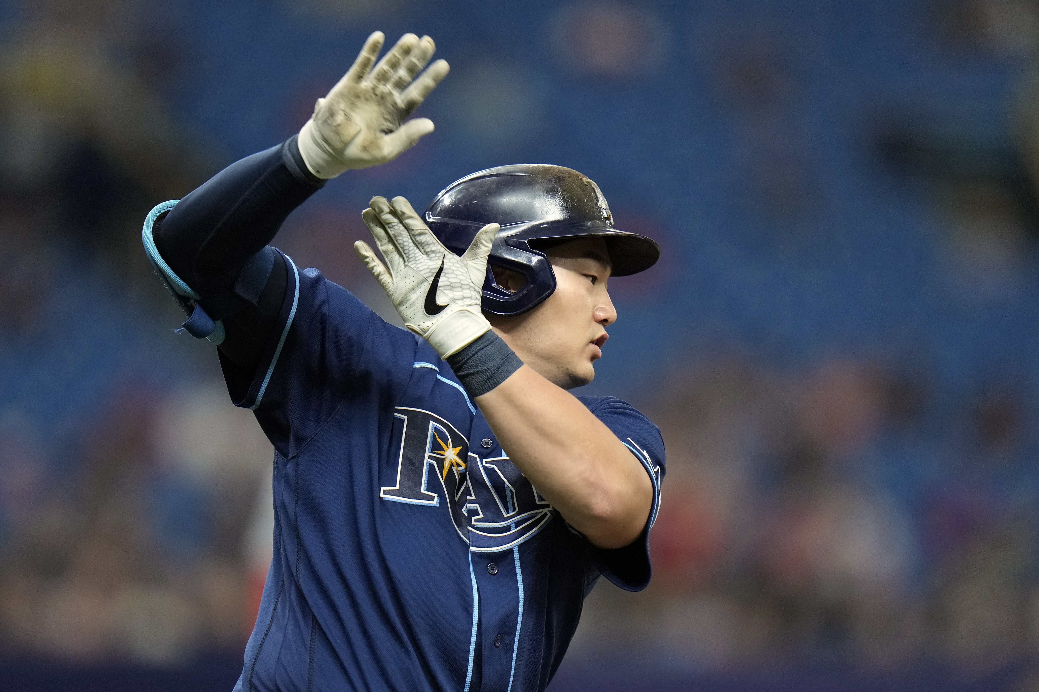 Ji-Man Choi of the Tampa Bay Rays looks on before a baseball game