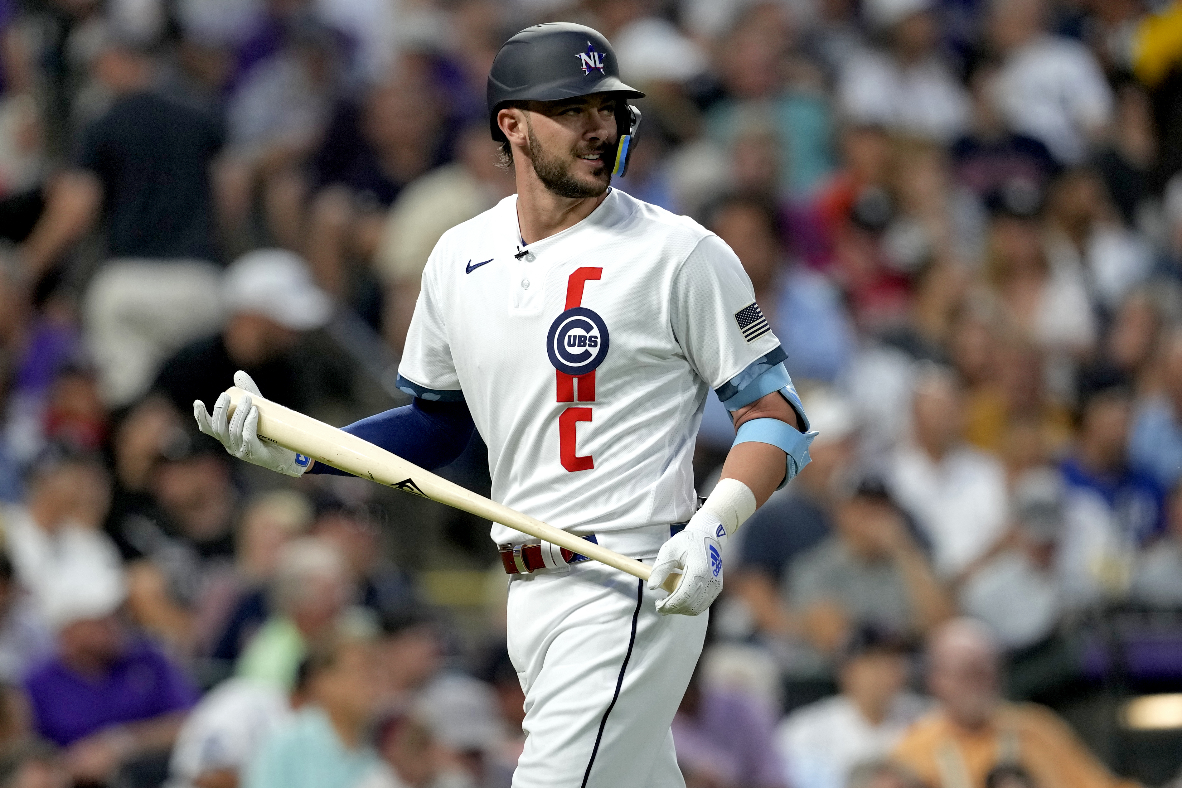 Cubs slugger Kris Bryant hit on helmet by pitch, leaves game