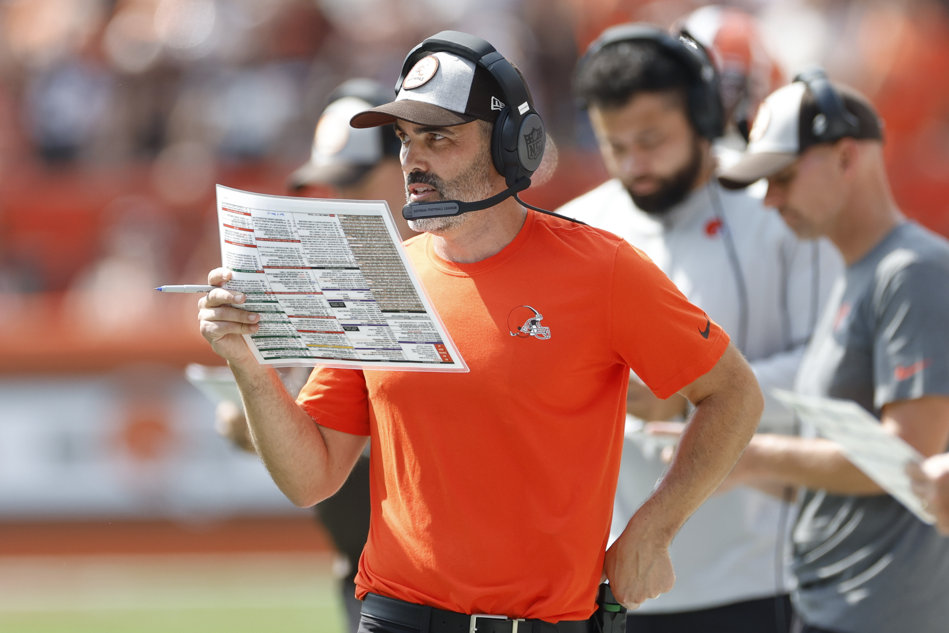 Cleveland Browns cornerback Denzel Ward (21) watches a replay