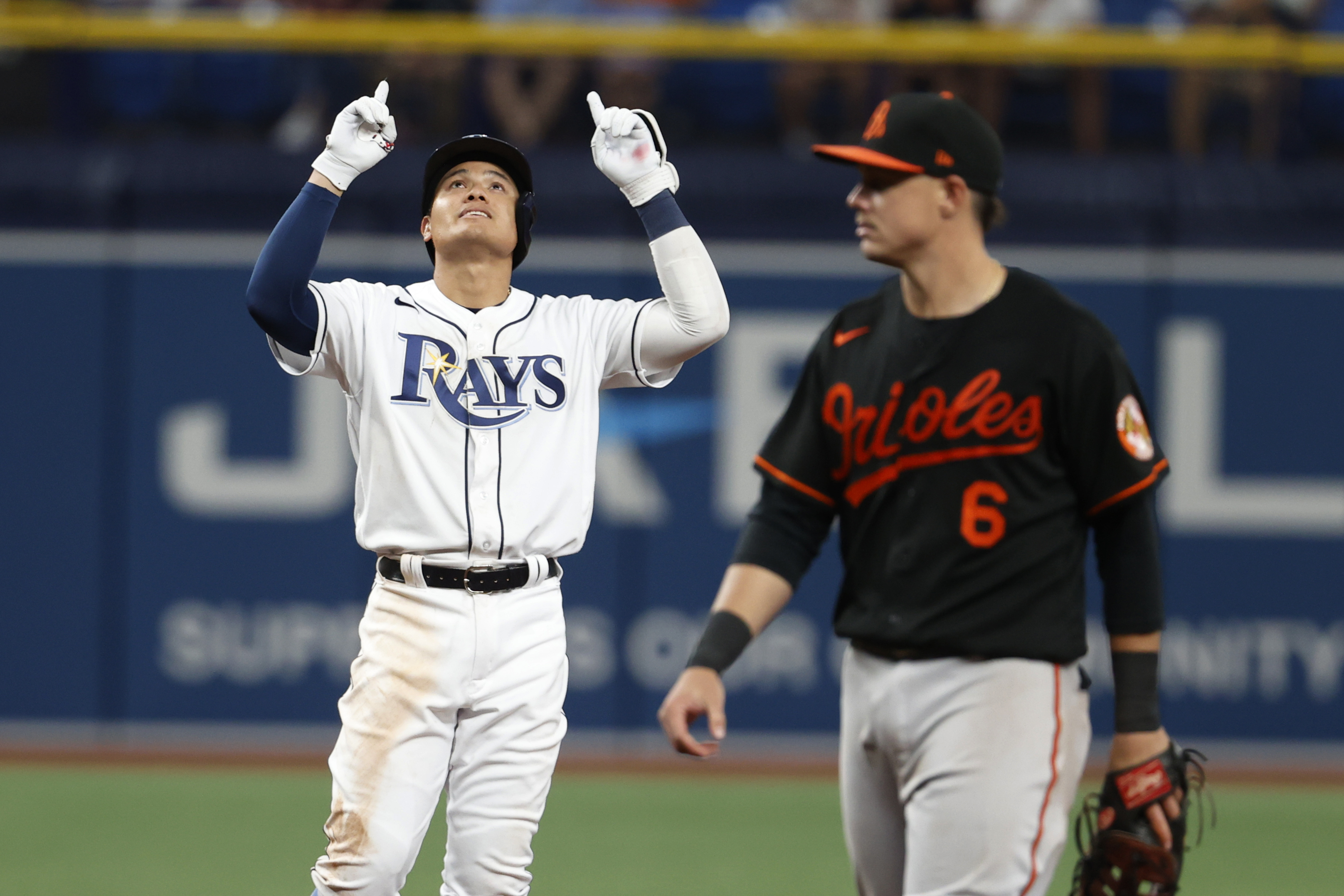 Tampa Bay Rays' Christian Bethancourt runs to first base after