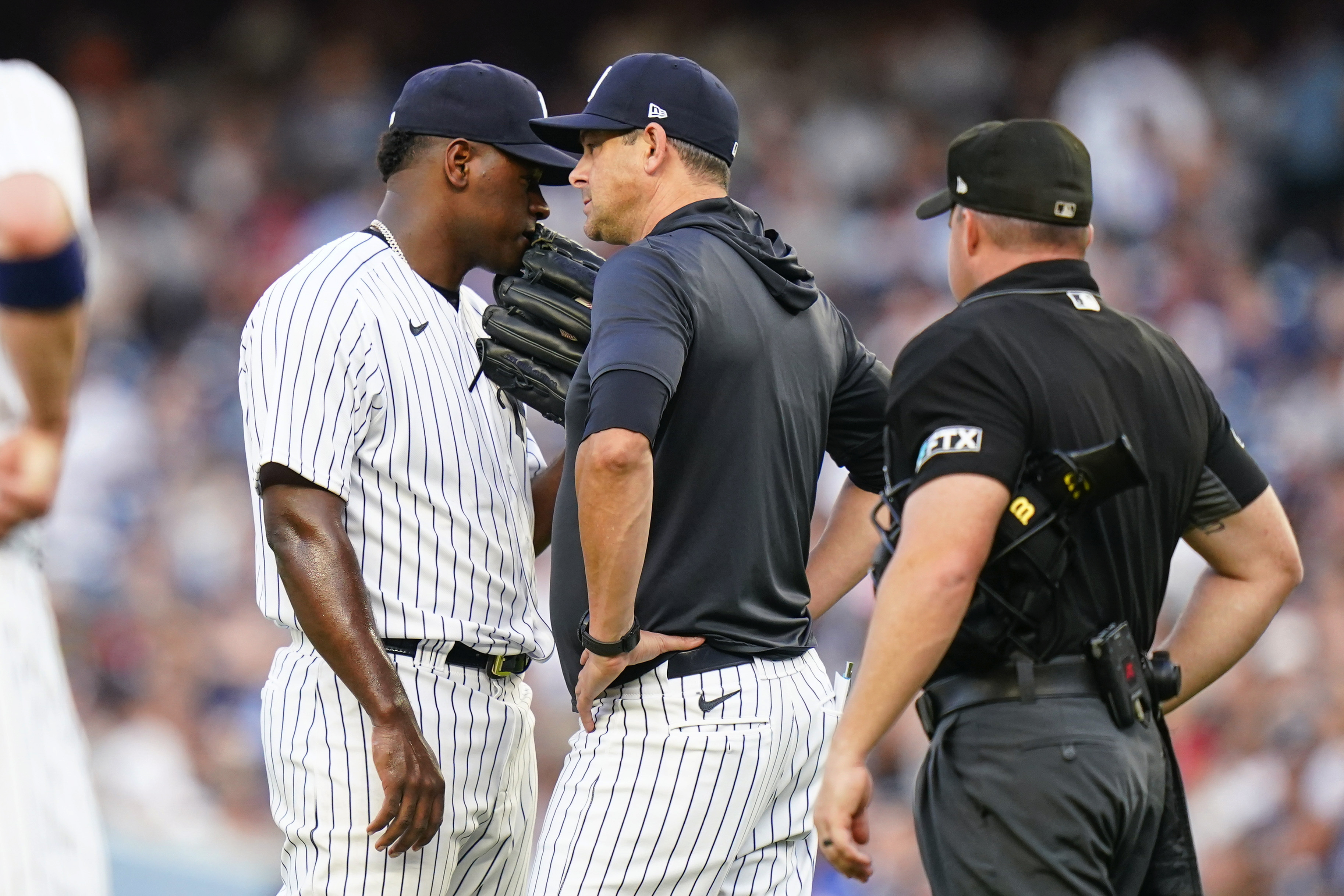 Giancarlo Stanton flies out to right fielder Stuart Fairchild