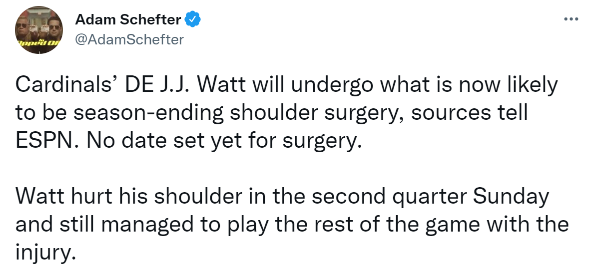 Cardinals defensive end J.J. Watt reportedly to get season-ending shoulder  surgery