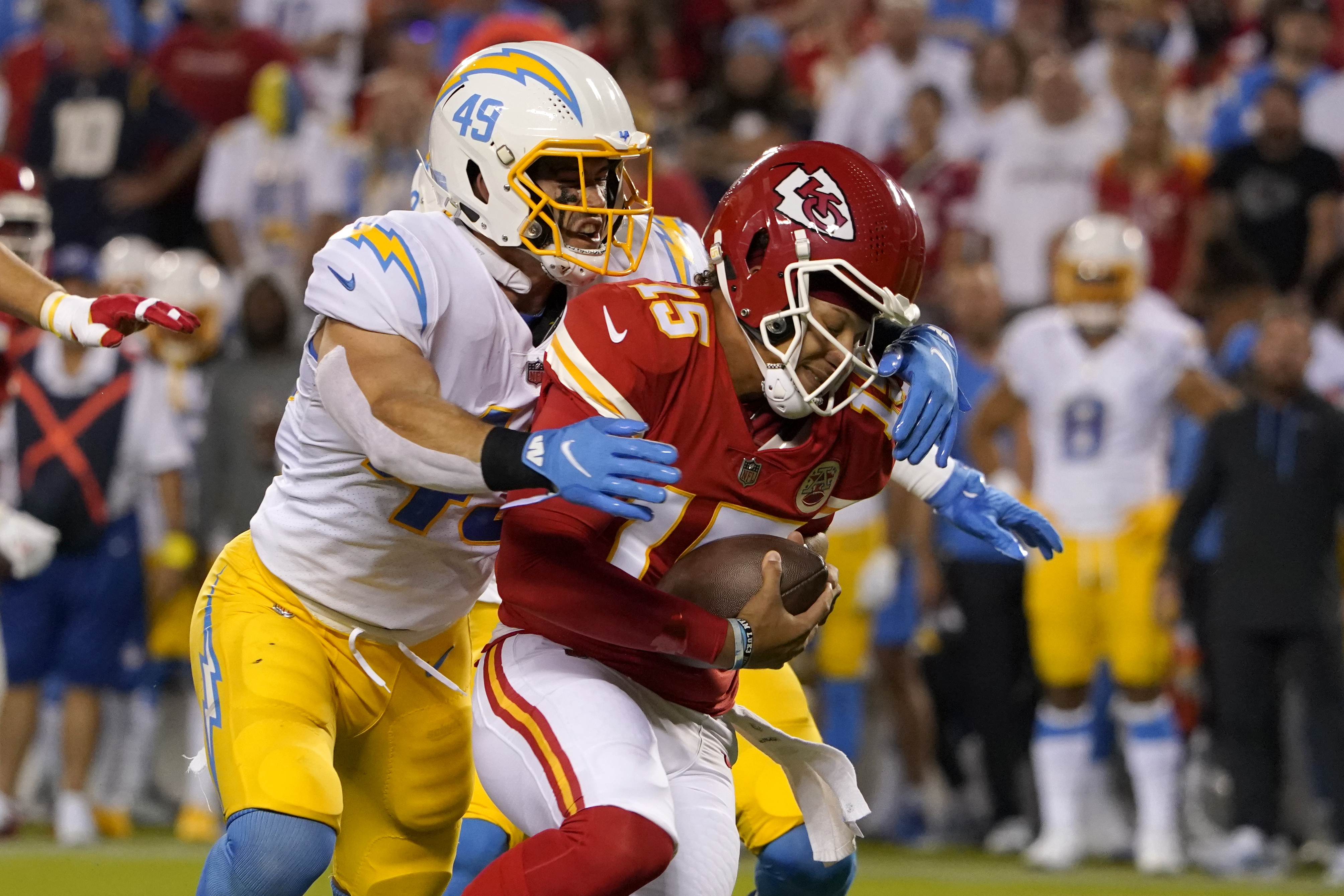 KANSAS CITY, MO - SEPTEMBER 15: Los Angeles Chargers safety Derwin James  Jr. (3) after an NFL game between the Los Angeles Chargers and Kansas City  Chiefs on September 15, 2022 at