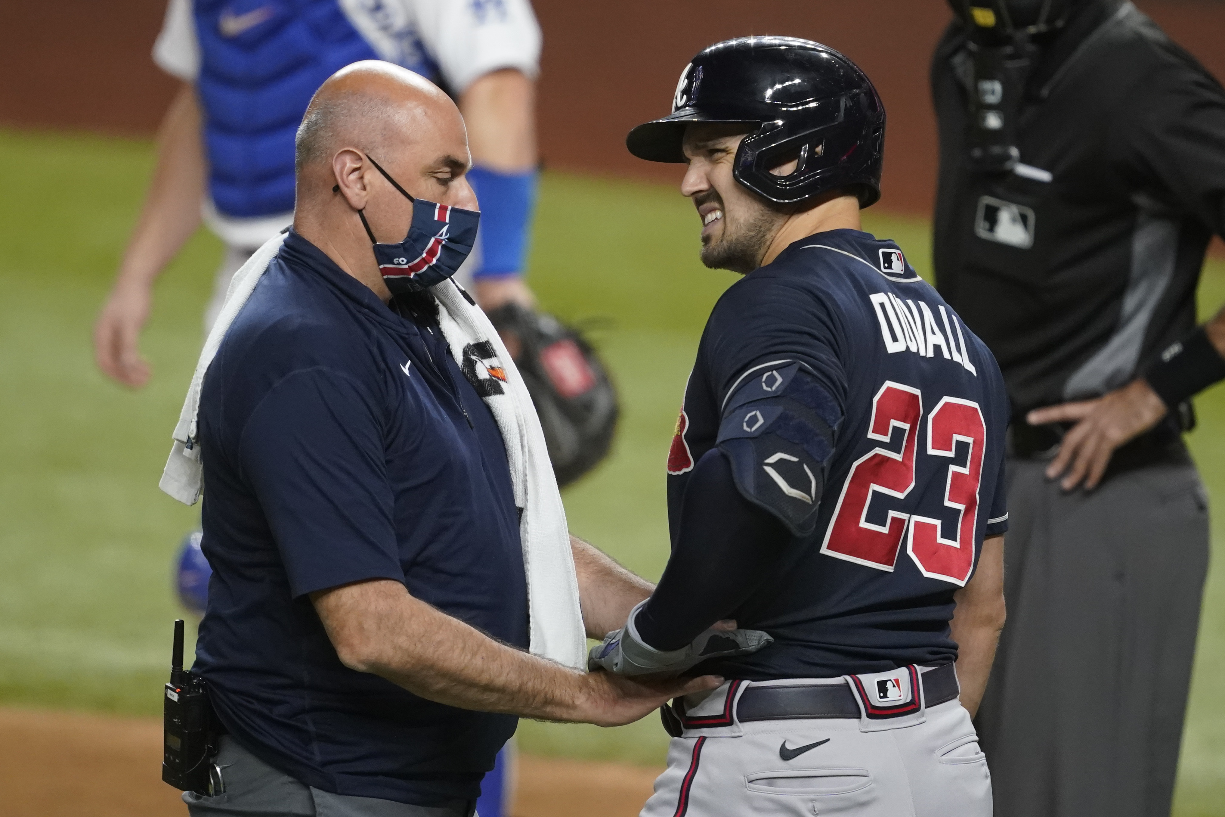 Los Angeles Dodgers starting pitcher Victor Gonzalez celebrates striking  out Atlanta Braves' Charlie Culberson with the bases loaded during the  eighth inning in Game 1 of a baseball National League Championship Series