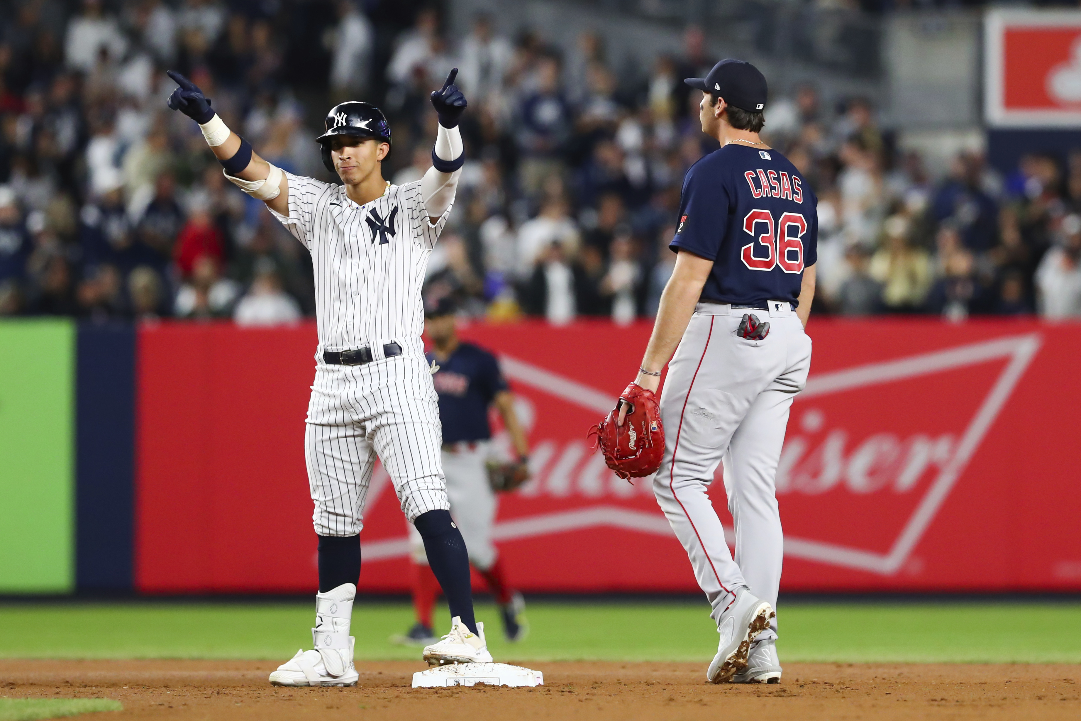 Oswaldo Cabrera reaction first playoff home run bat flip