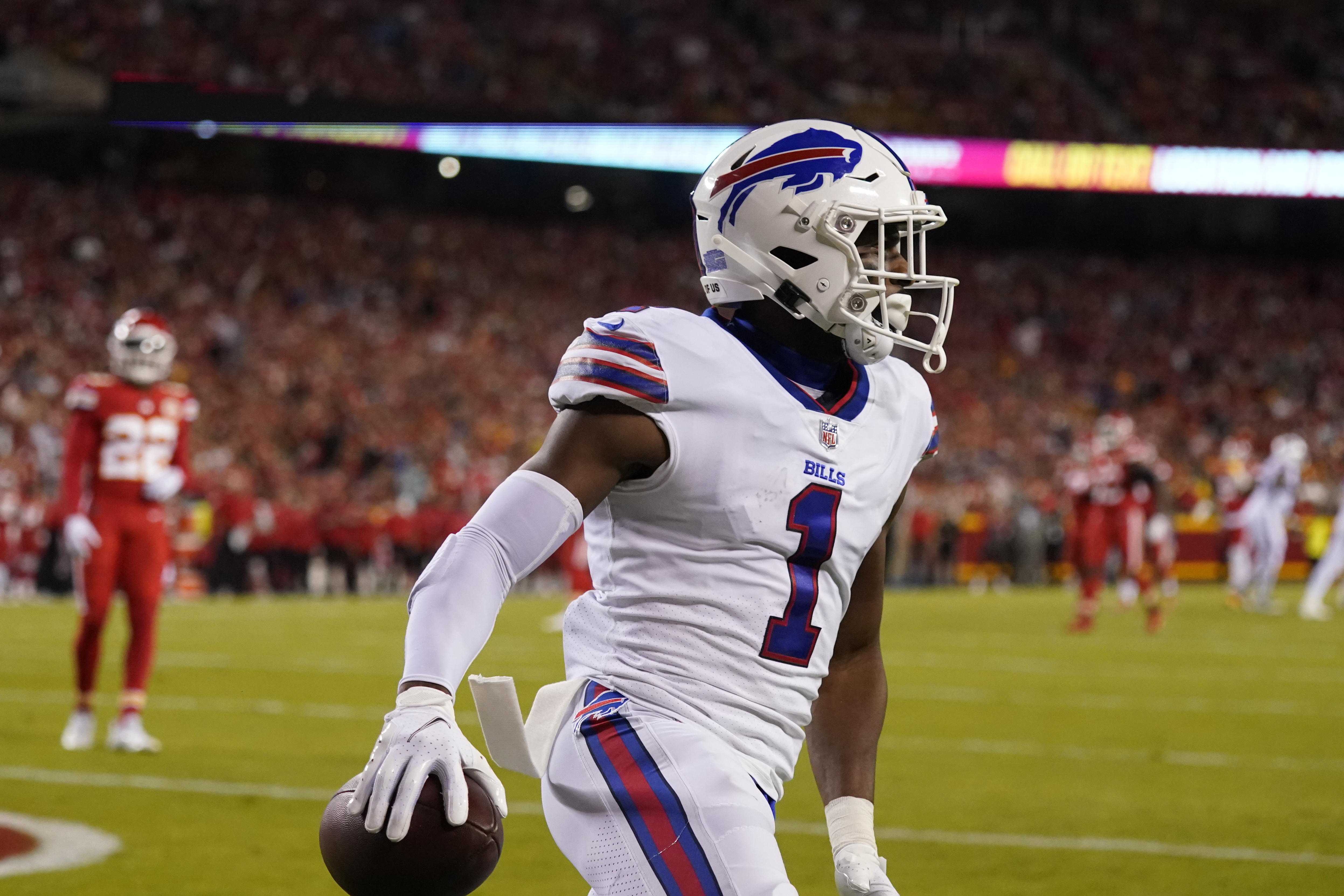 Kansas City Chiefs wide receiver Tyreek Hill (10) gets set on the line of  scrimmage during an NFL football game against the Buffalo Bills Sunday, Oct.  10, 2021, in Kansas City, Mo. (