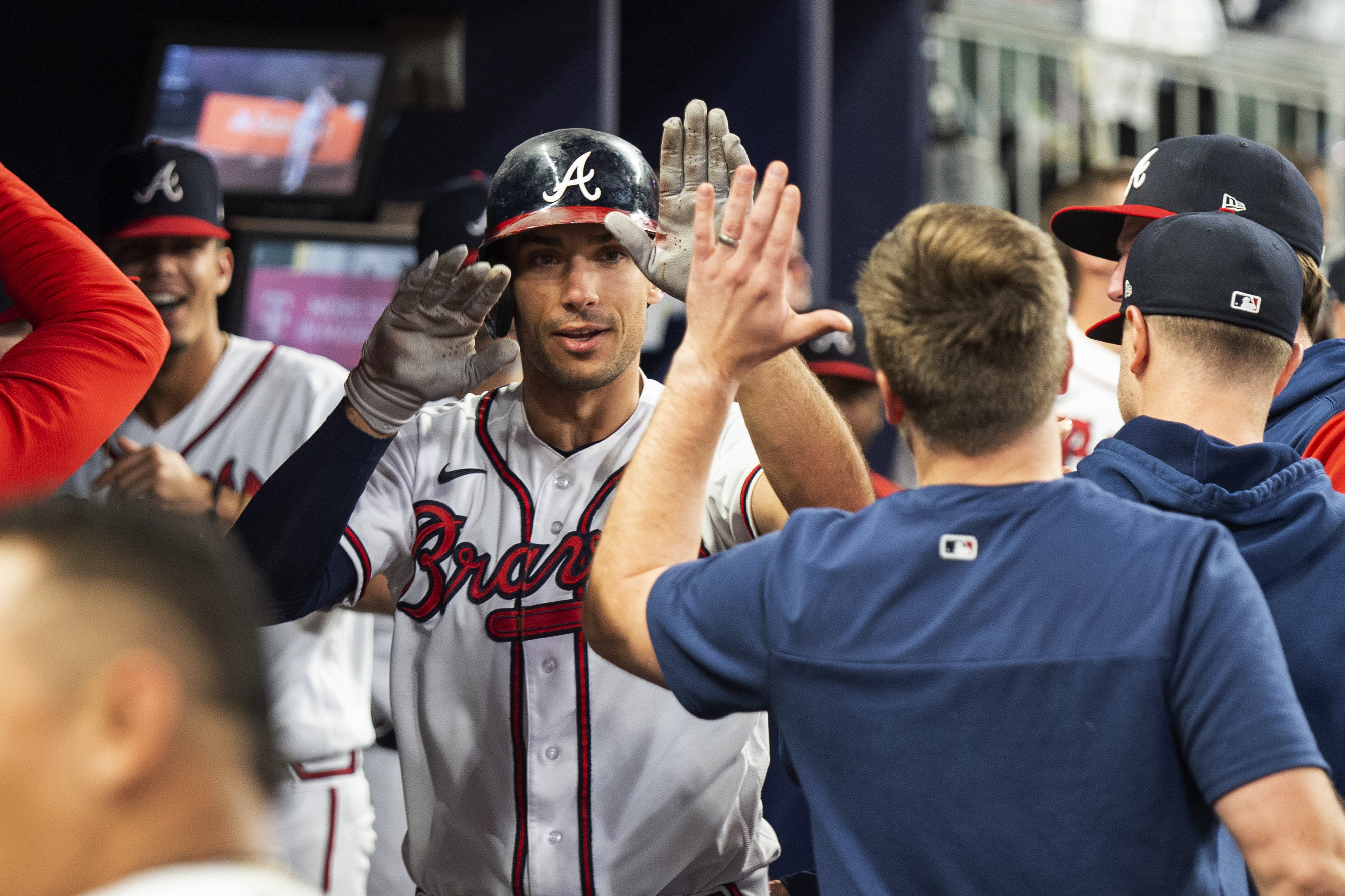 Ozzie Albies Game Used Road Navy Postseason Jersey - Home Run - Worn  4/23/19 and 10/7/19