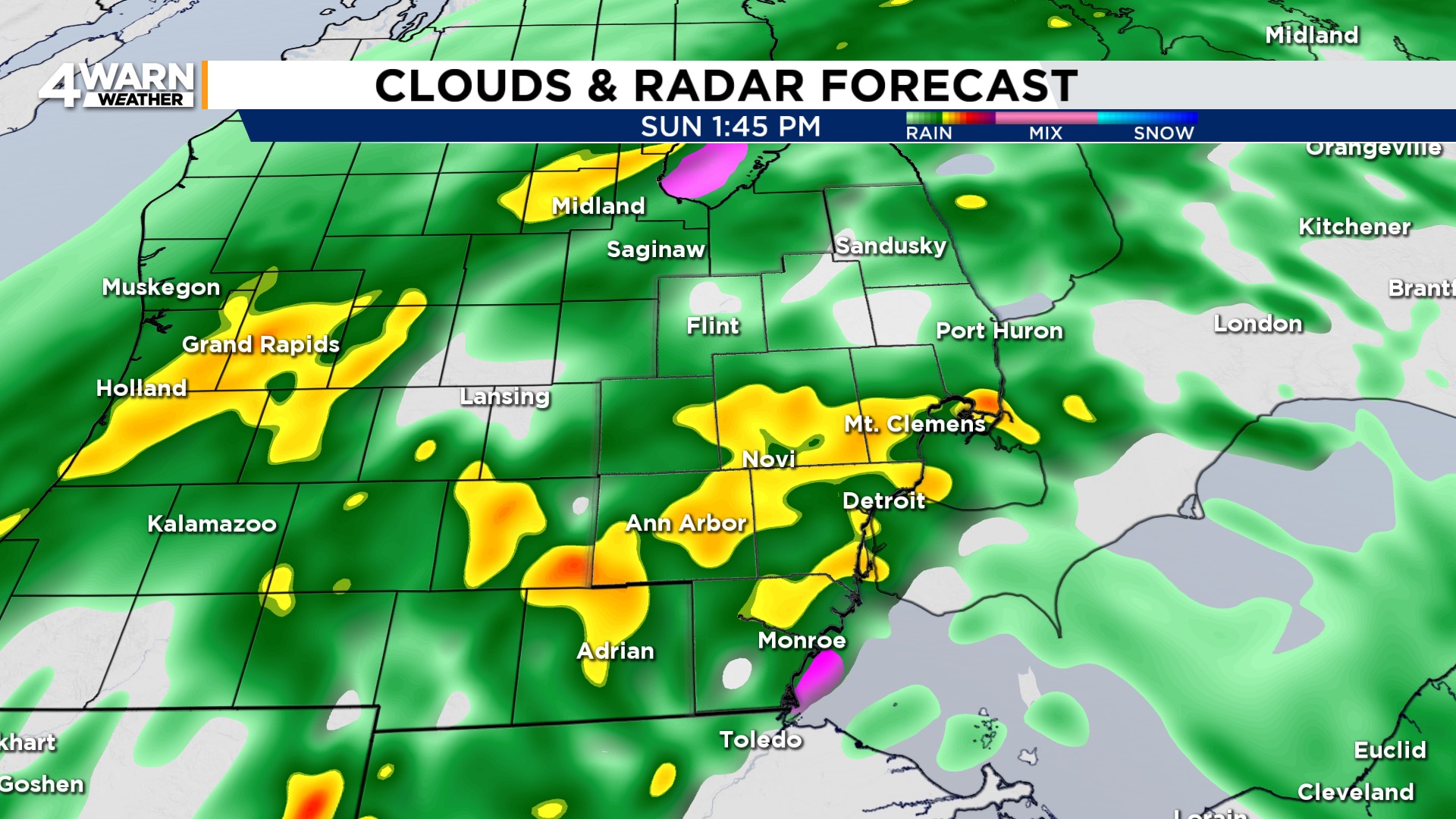 Detroit weather radar showing rain and storm patterns across Metro Detroit Michigan