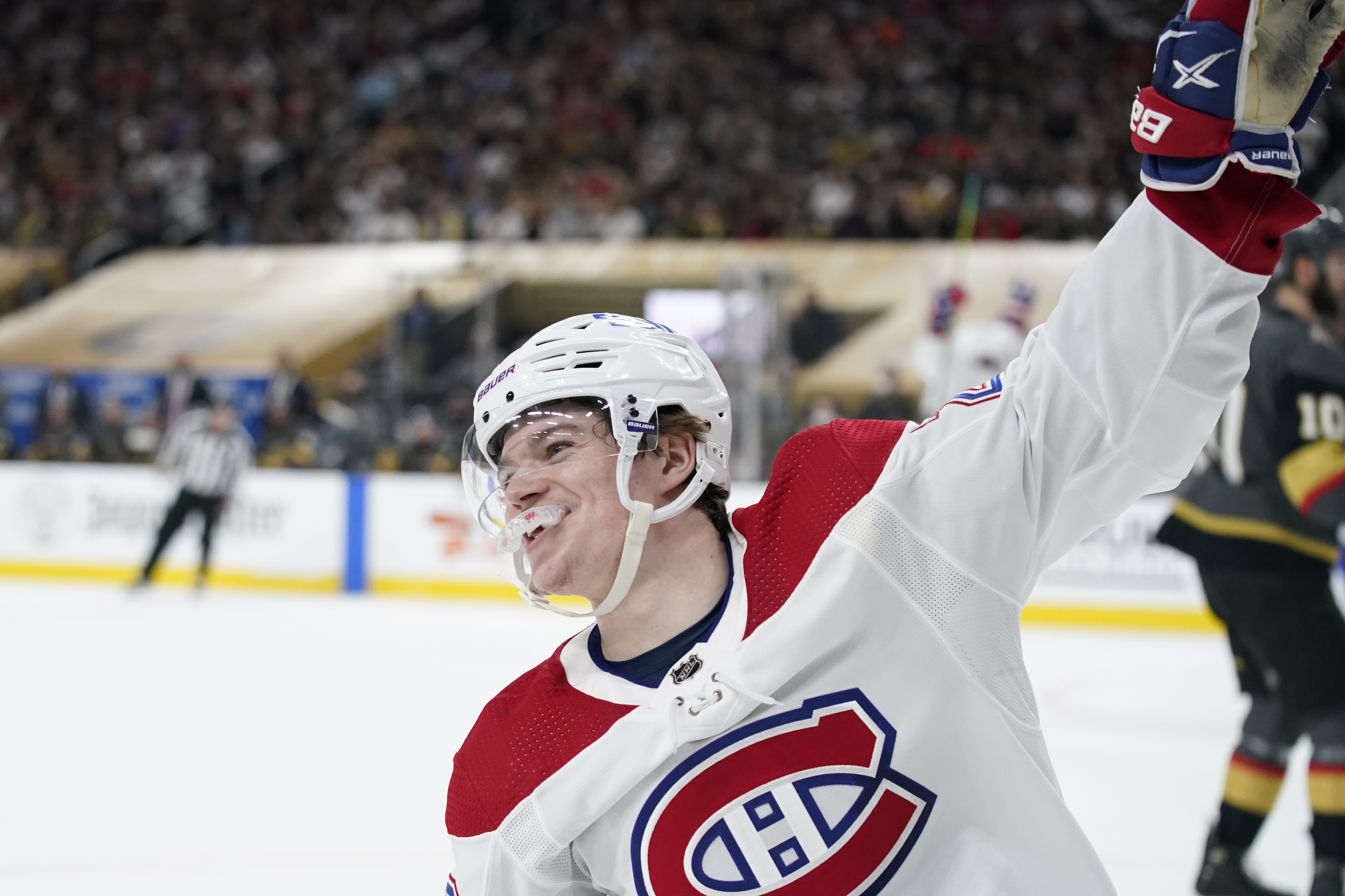 Montreal Canadiens right wing Cole Caufield (22) celebrates his