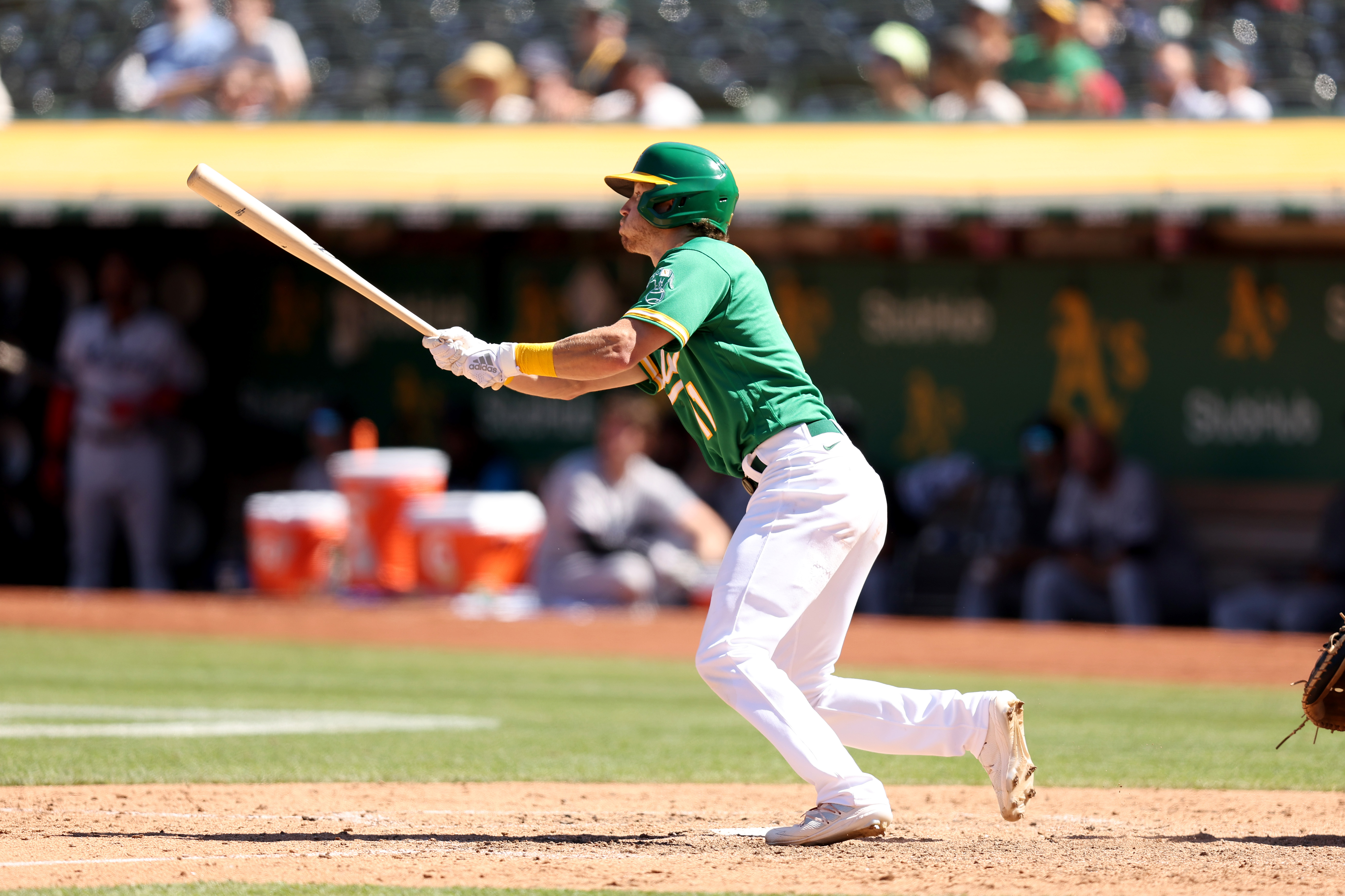 The Oakland Athletics' Starling Marte takes a lead off second base