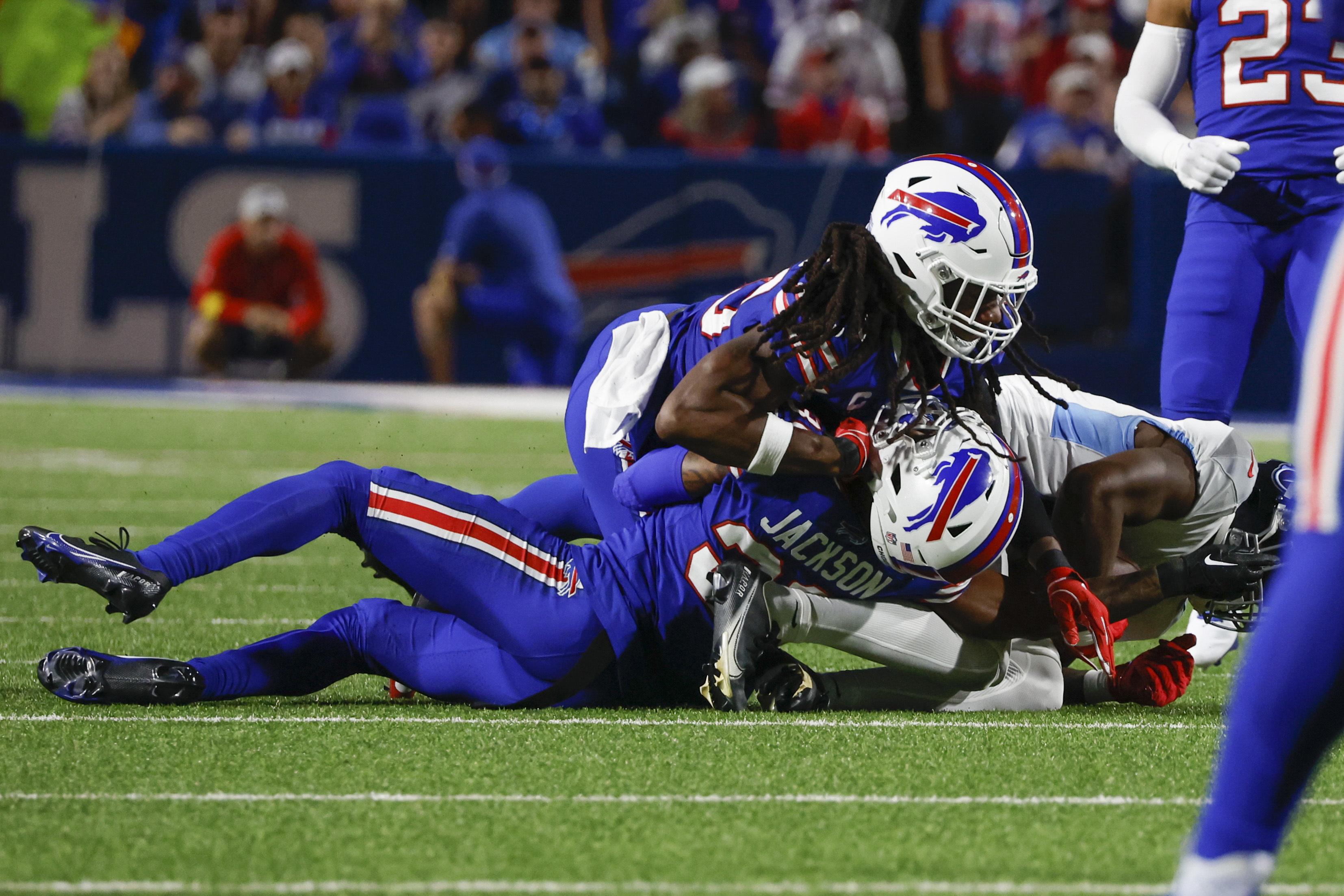 Bills vs Titans: Mic nfl buffalo bills jersey womenah Hyde injured in third  quarter of MNF