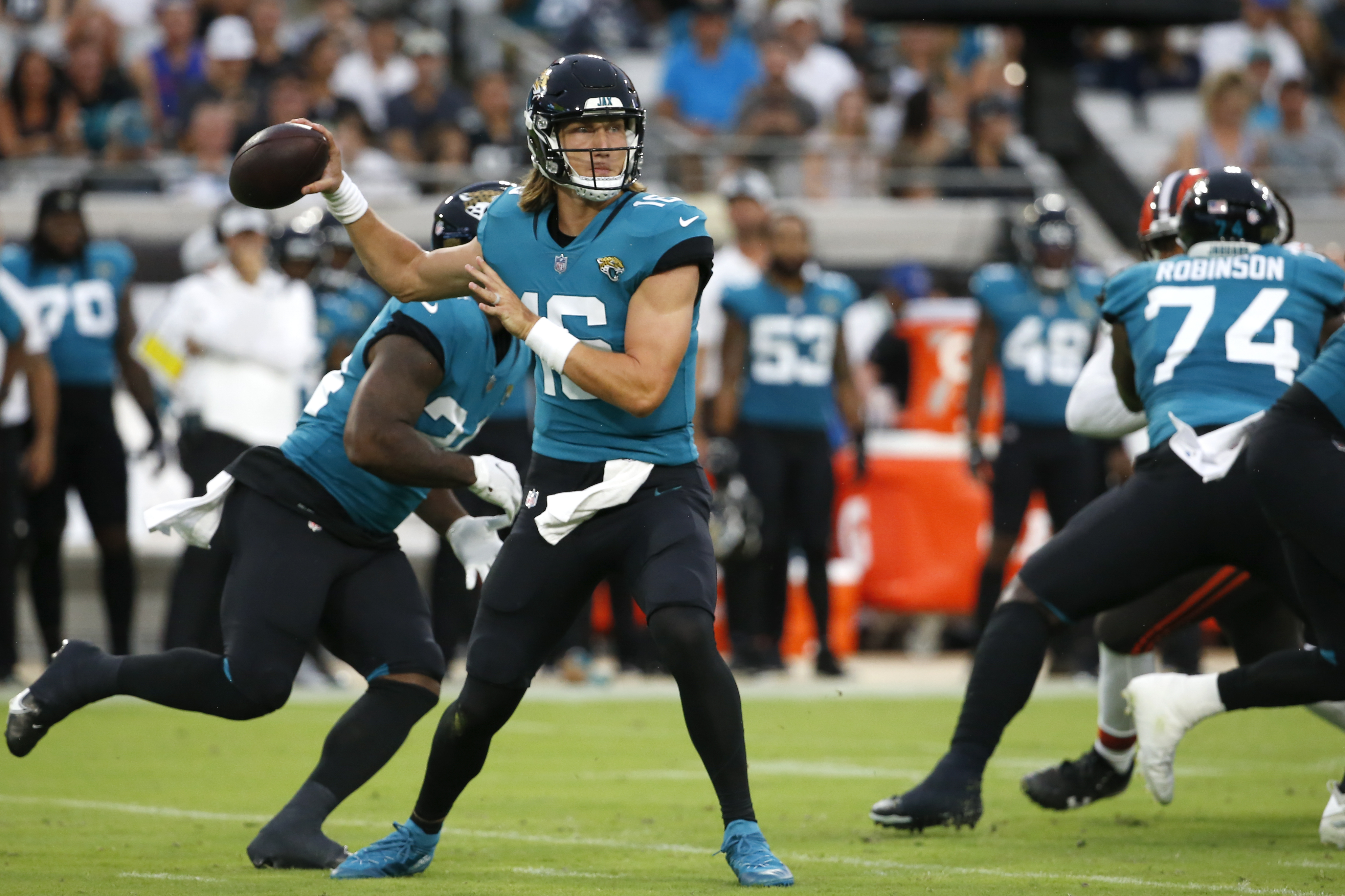 JACKSONVILLE, FL - AUGUST 14: Jacksonville Jaguars Tight End Tim Tebow (85)  during the preseason game between the Cleveland Browns and the Jacksonville  Jaguars on August 14, 2021 at TIAA Bank Field