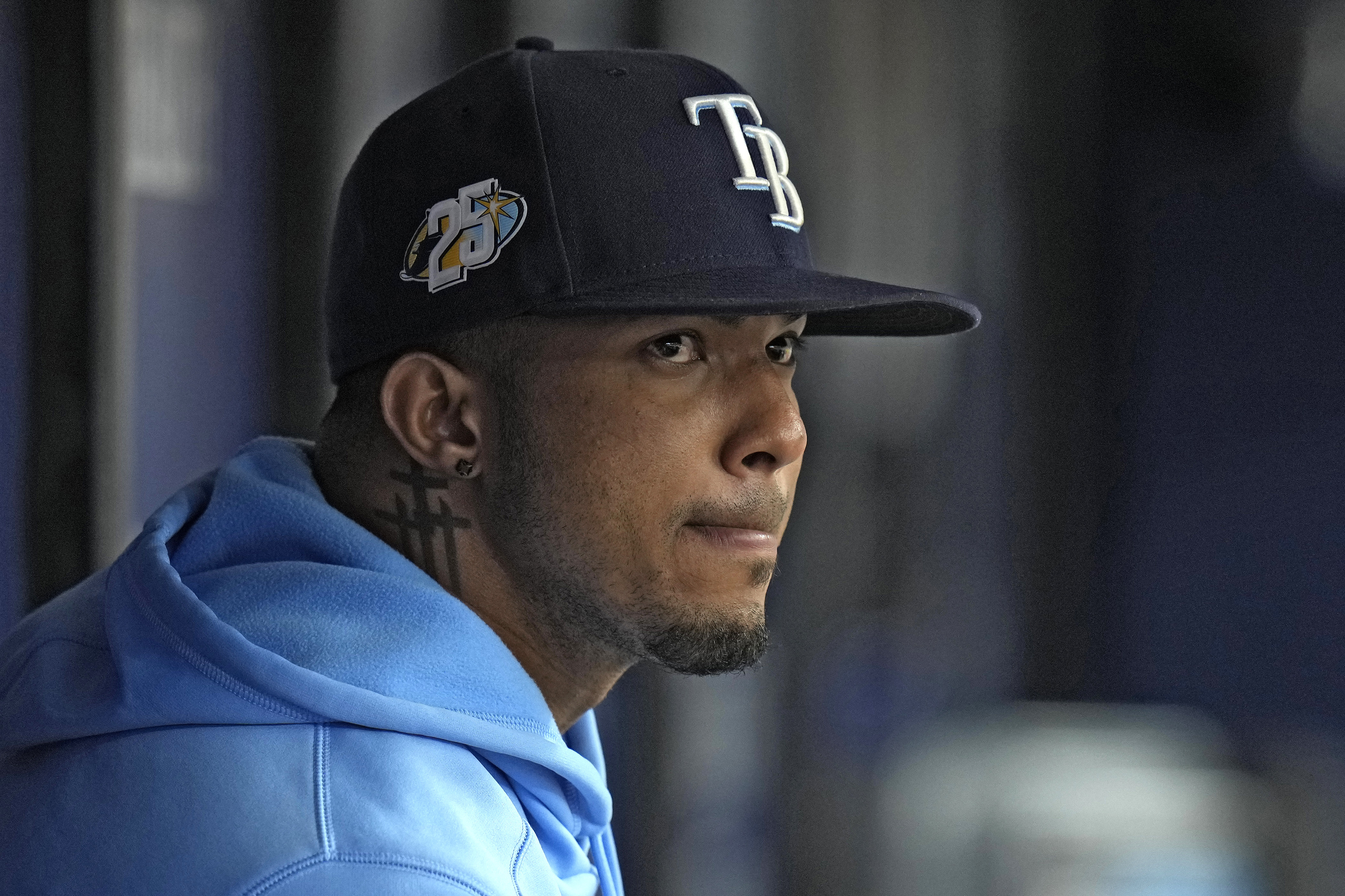 Tampa Bay Rays' Wander Franco reacts to being doused with water by  teammates during a post-game television interview after the Rays' defeated  the Cleveland Guardians during a baseball game Friday, Aug.11, 2023