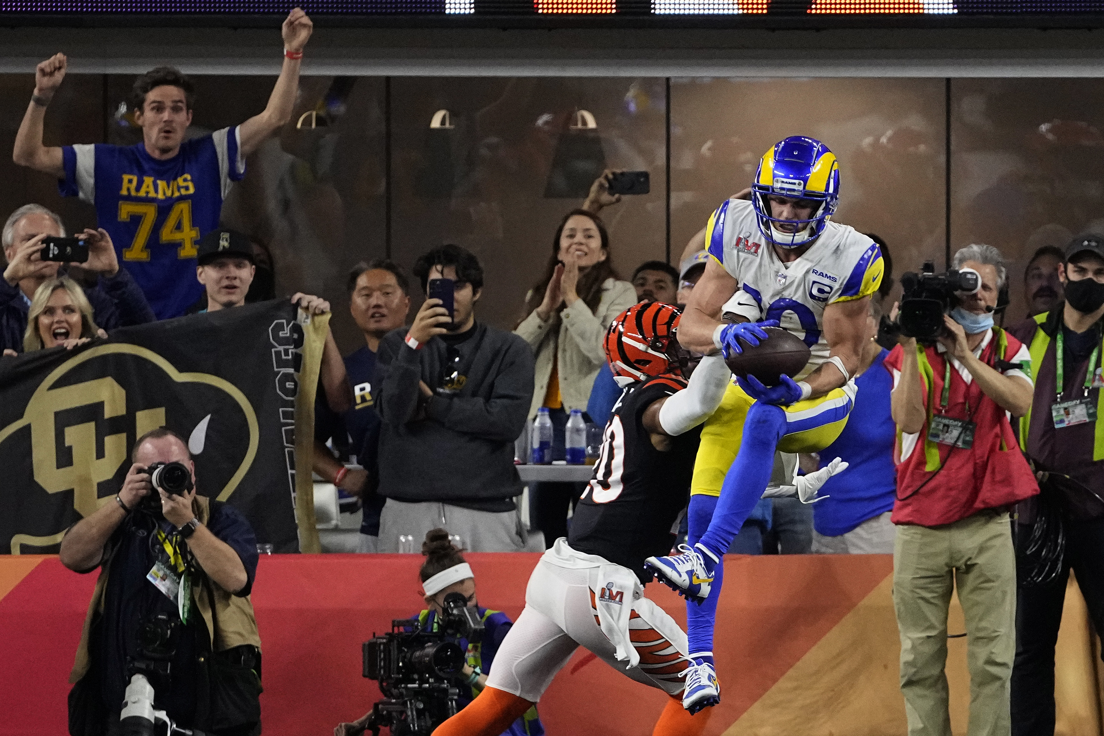 Cincinnati Bengals wide receiver Ja'Marr Chase (1) catches the ball as Los  Angeles Rams cornerback Jalen Ramsey (5) defends during the first half of  the NFL Super Bowl 56 football game, Sunday