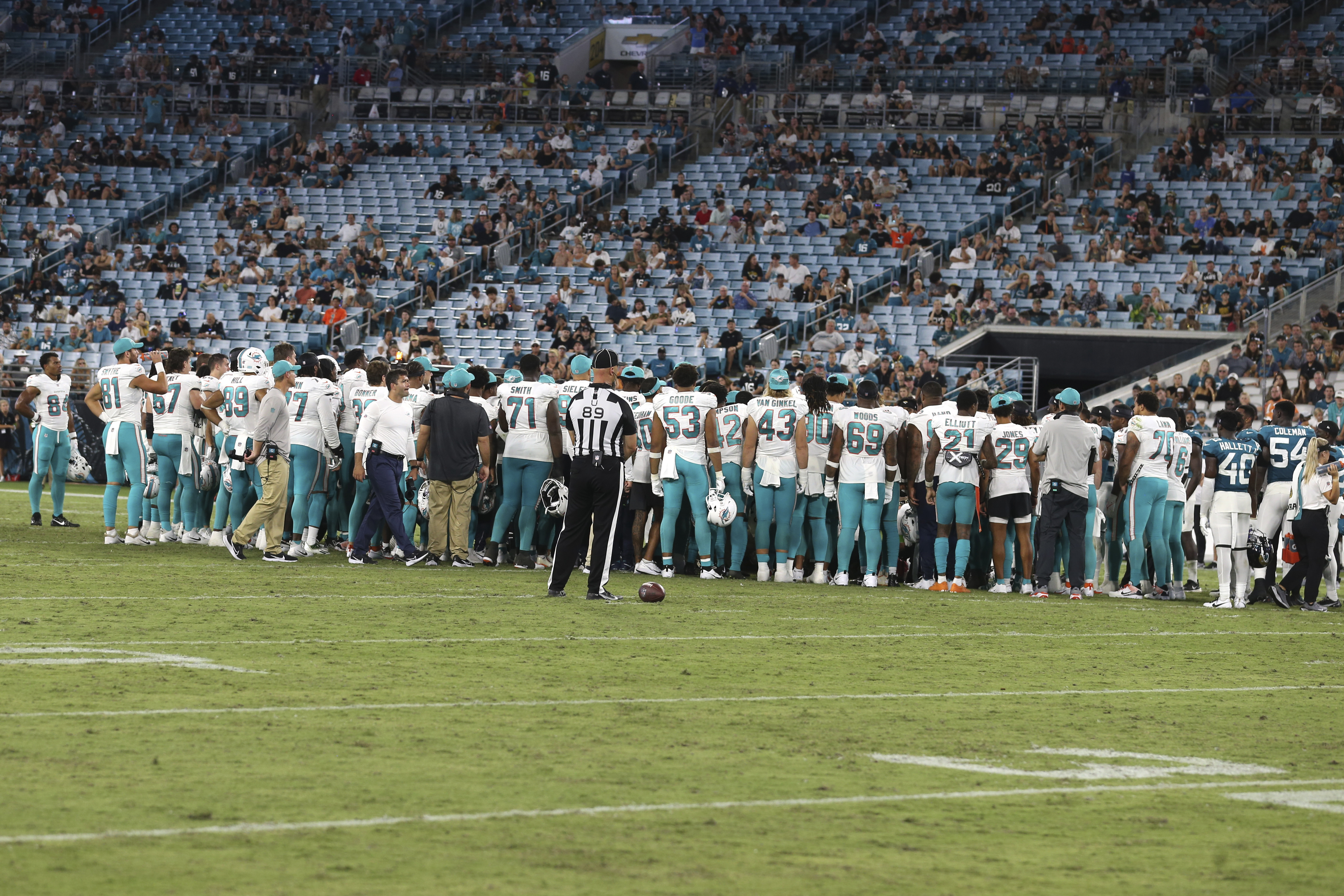 Daewood Davis of Dolphins Carted off Field After Collision; Preseason Game  Vs. Jaguars Halted