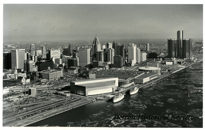 Aerial of the Downtwon Detroit Skyline with Joe Louis Arena in the