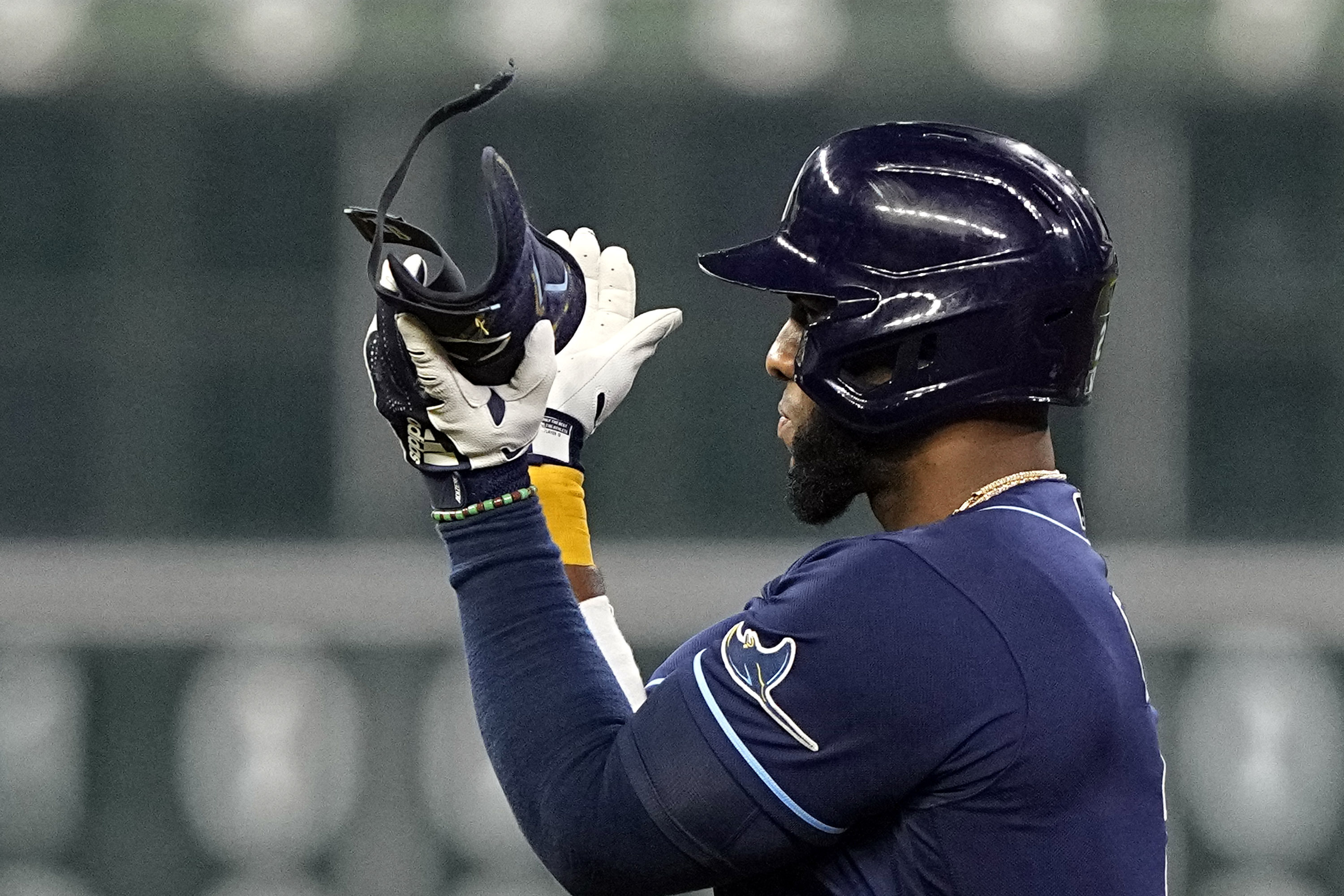 Tampa Bay Rays' Jose Siri poses for photographs after hitting a