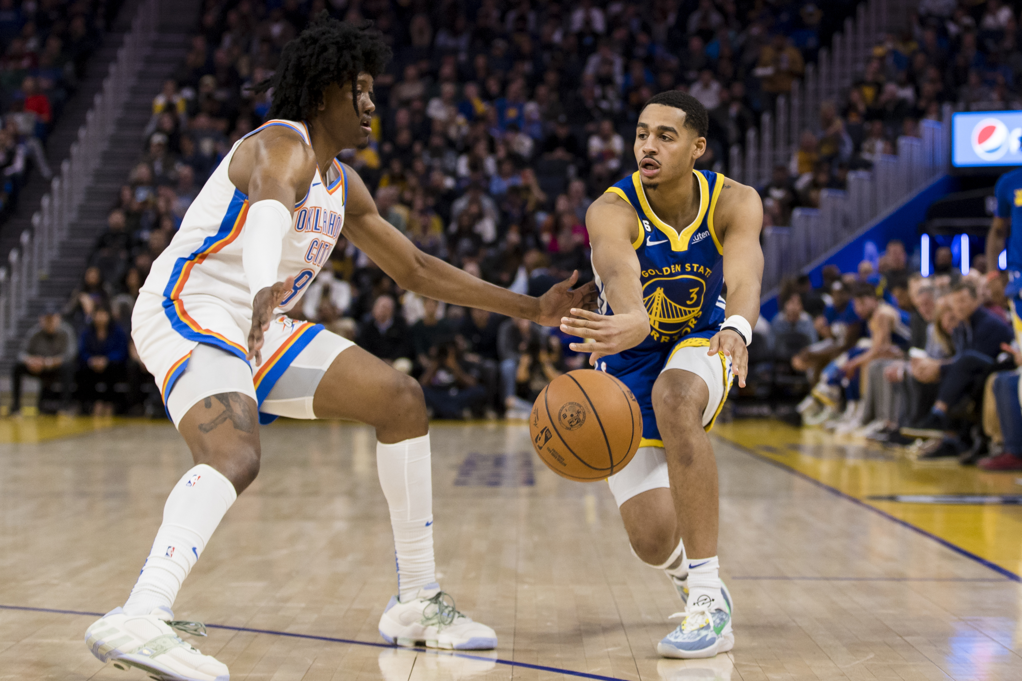 The shoes of Golden State Warriors shooting guard Jordan Poole (3) during  the third quarter against the Oklahoma City Thunder at Chase Center.