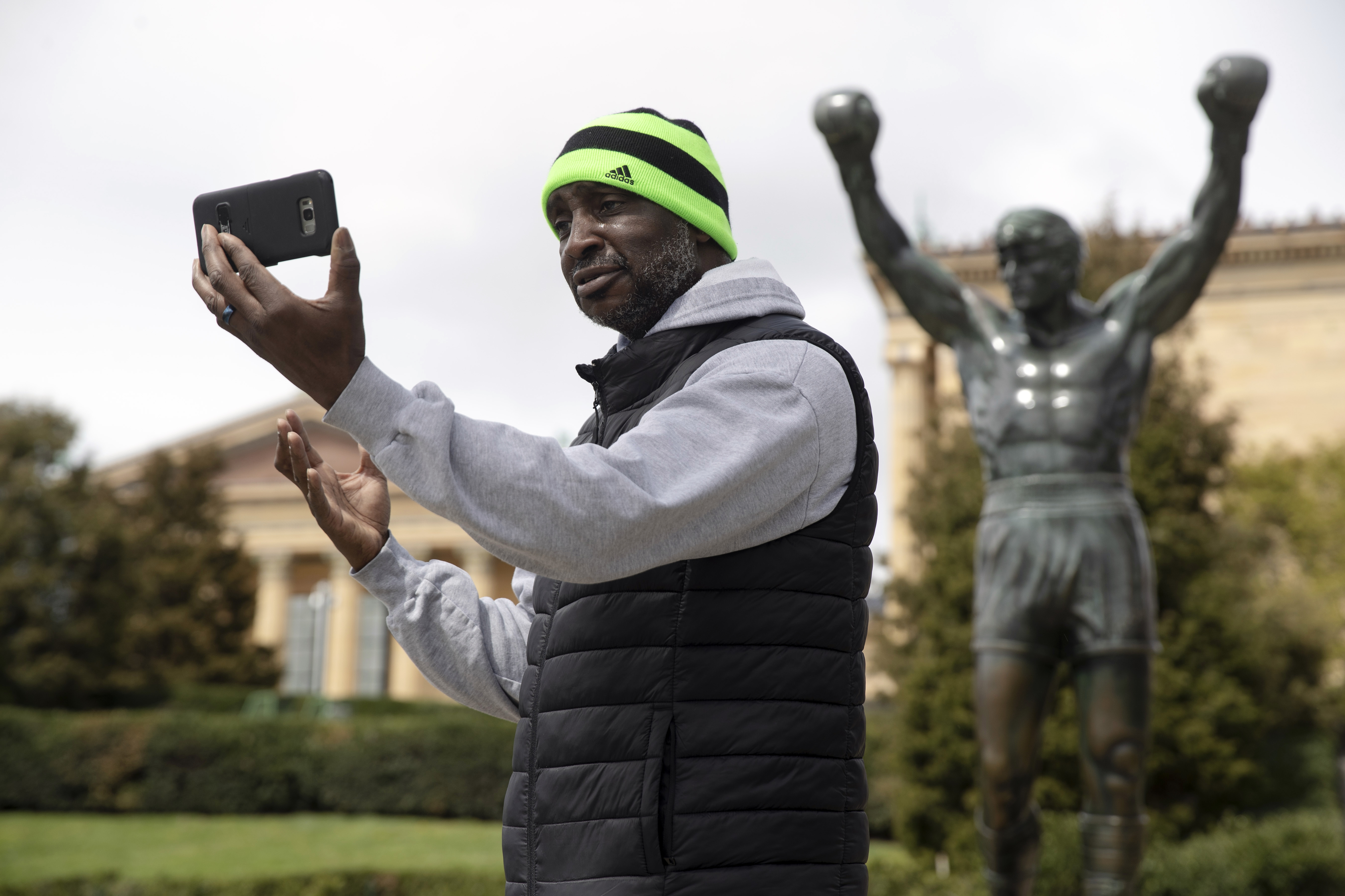 rocky statue with eagles jersey