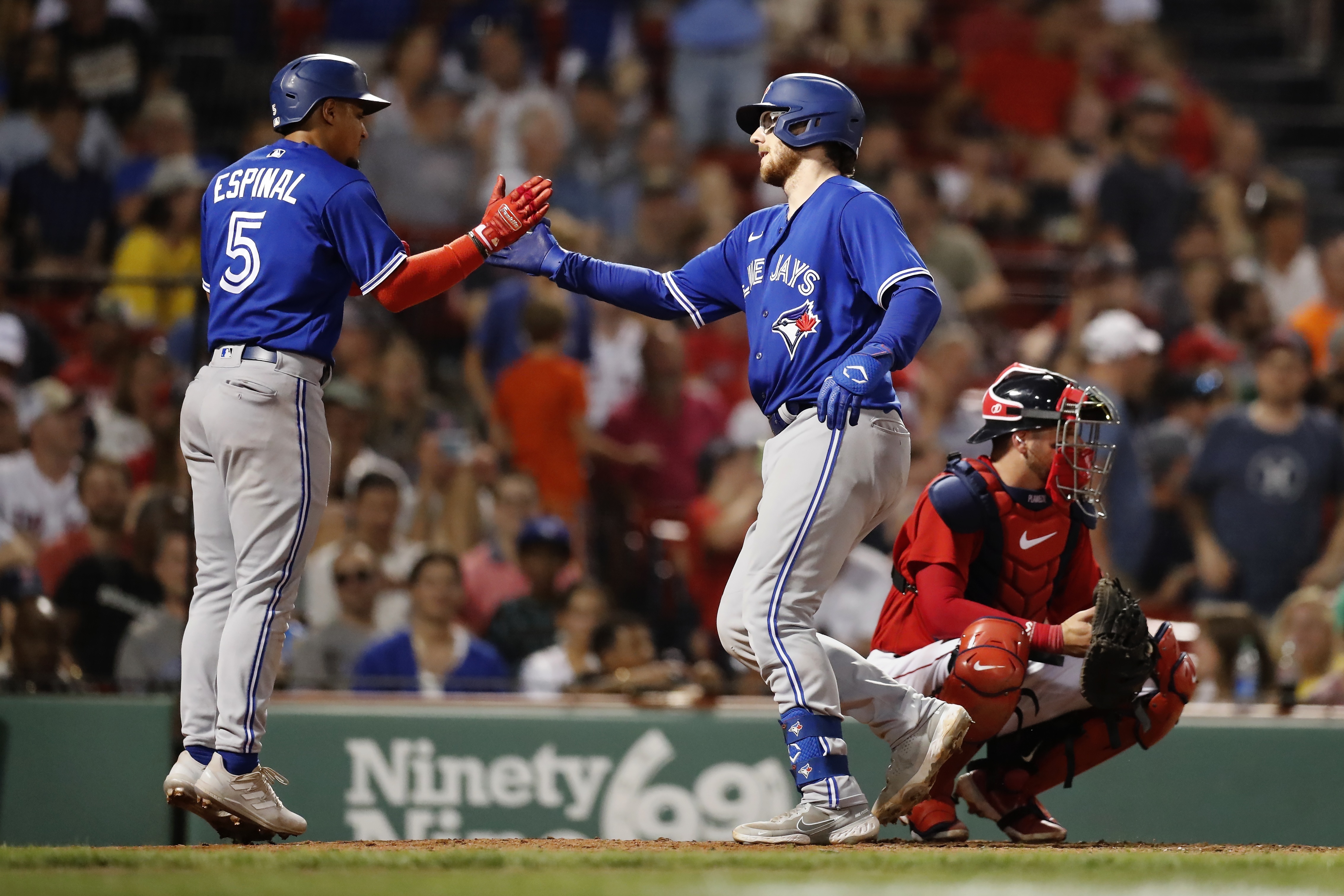 Toronto, Canada. 28th Apr, 2022. Toronto Blue Jays left fielder Raimel  Tapia (15) looks on after hitting a pop fly during the eighth inning of MLB  baseball action against the Boston Red