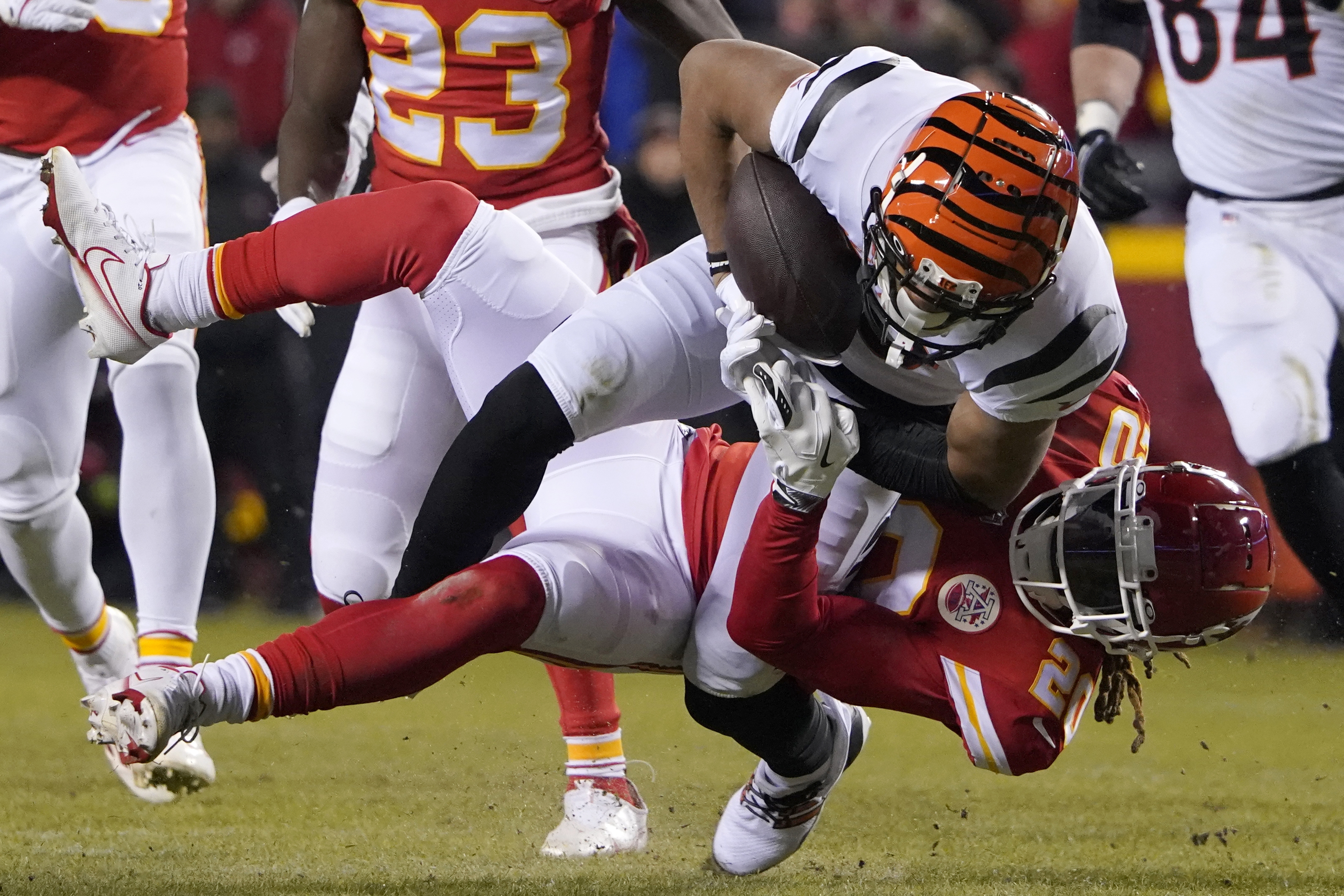 Kansas City Chiefs defensive end Frank Clark celebrates a sack against the  Cincinnati Bengals during the first half of the NFL AFC Championship  playoff football game, Sunday, Jan. 29, 2023 in Kansas