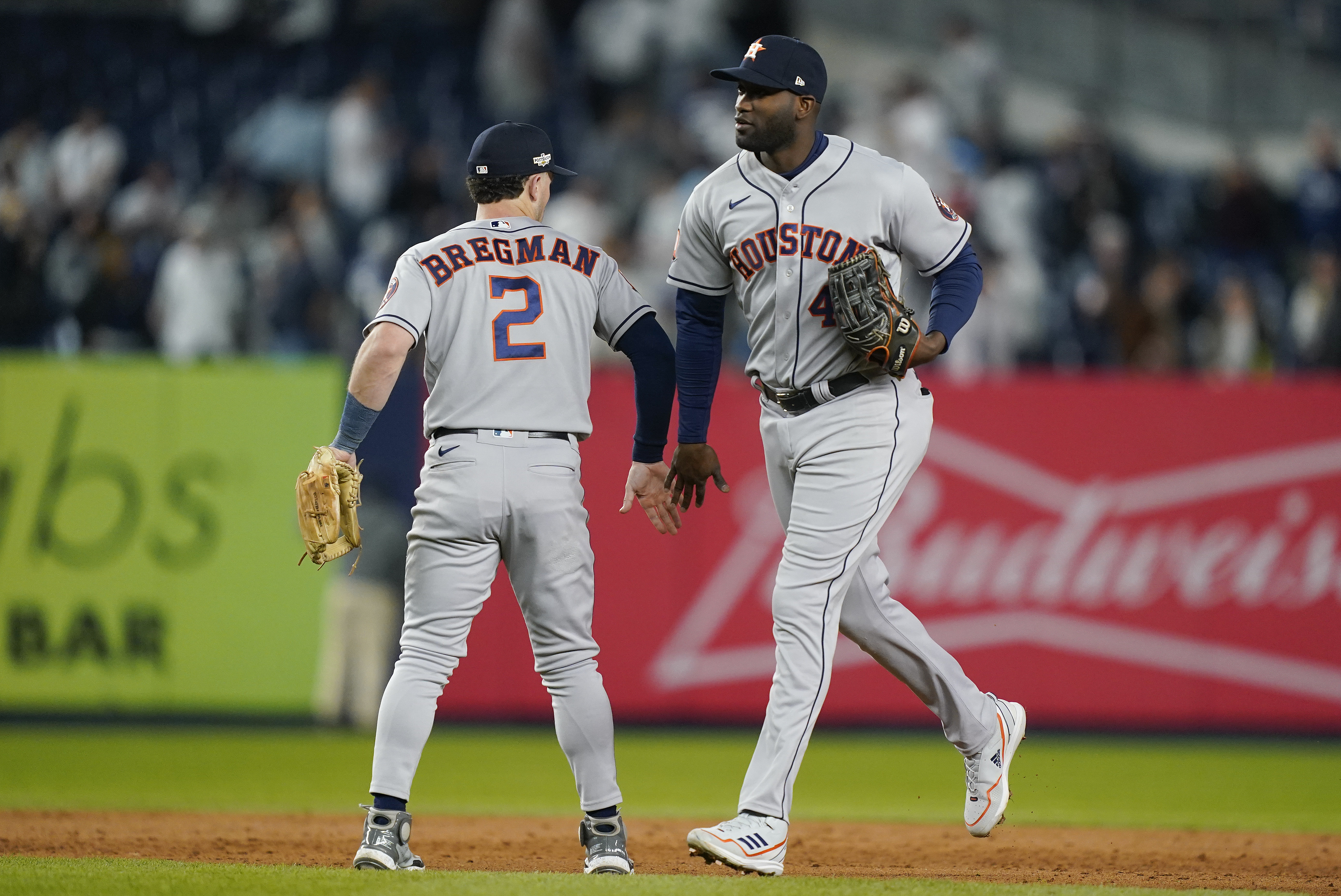 Houston Astros relief pitcher Bryan Abreu reacts after the last out of a  baseball game against the New York Yankees at Yankee Stadium, Sunday, Aug.  6, 2023, in New York. (AP Photo/Seth