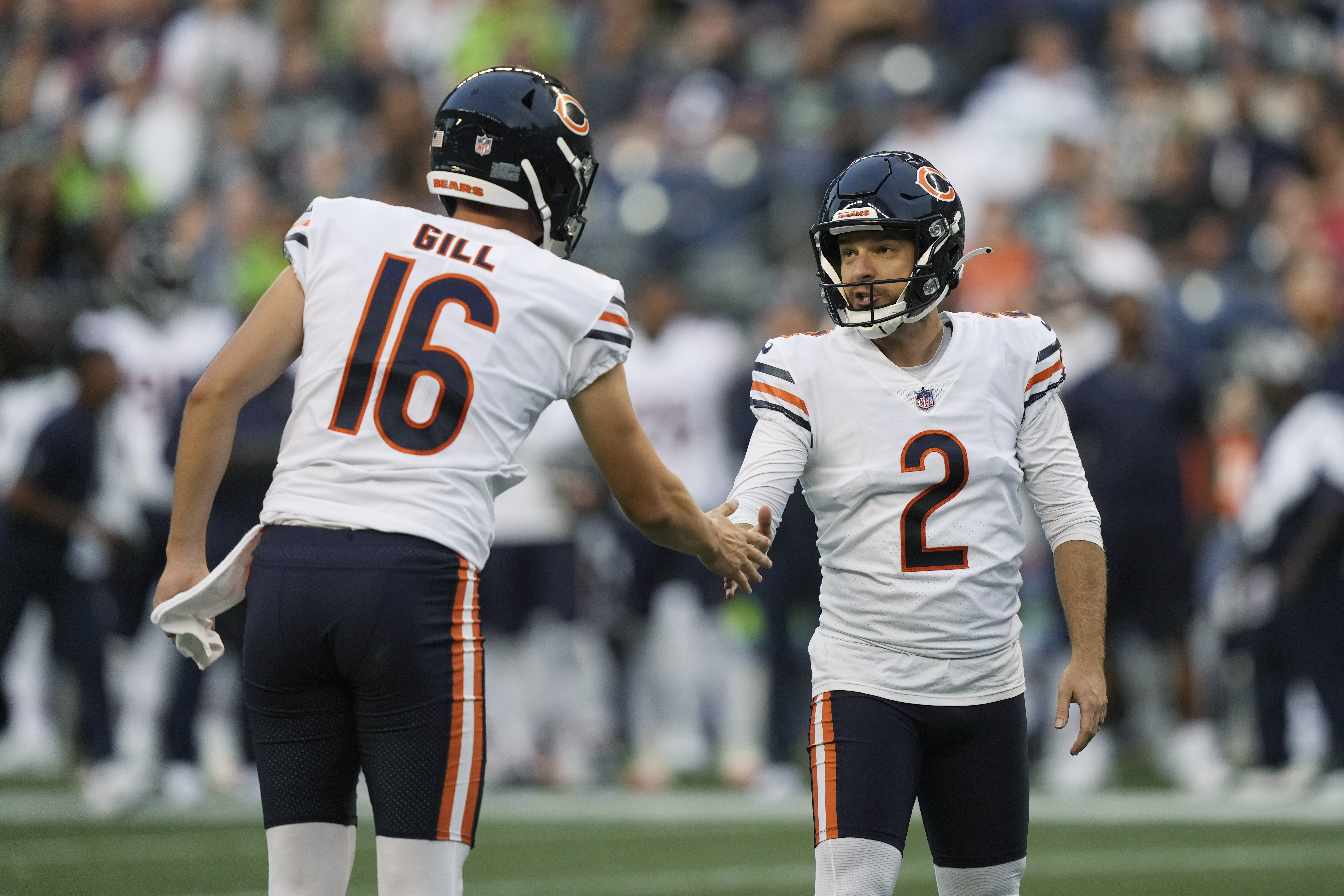 Chicago Bears punter Trenton Gill (16) during an NFL Preseason football  game against the Seattle Seahawks, Thursday, Aug. 18, 2022, in Seattle, WA.  The Bears defeated the Seahawks 27-11. (AP Photo/Ben VanHouten