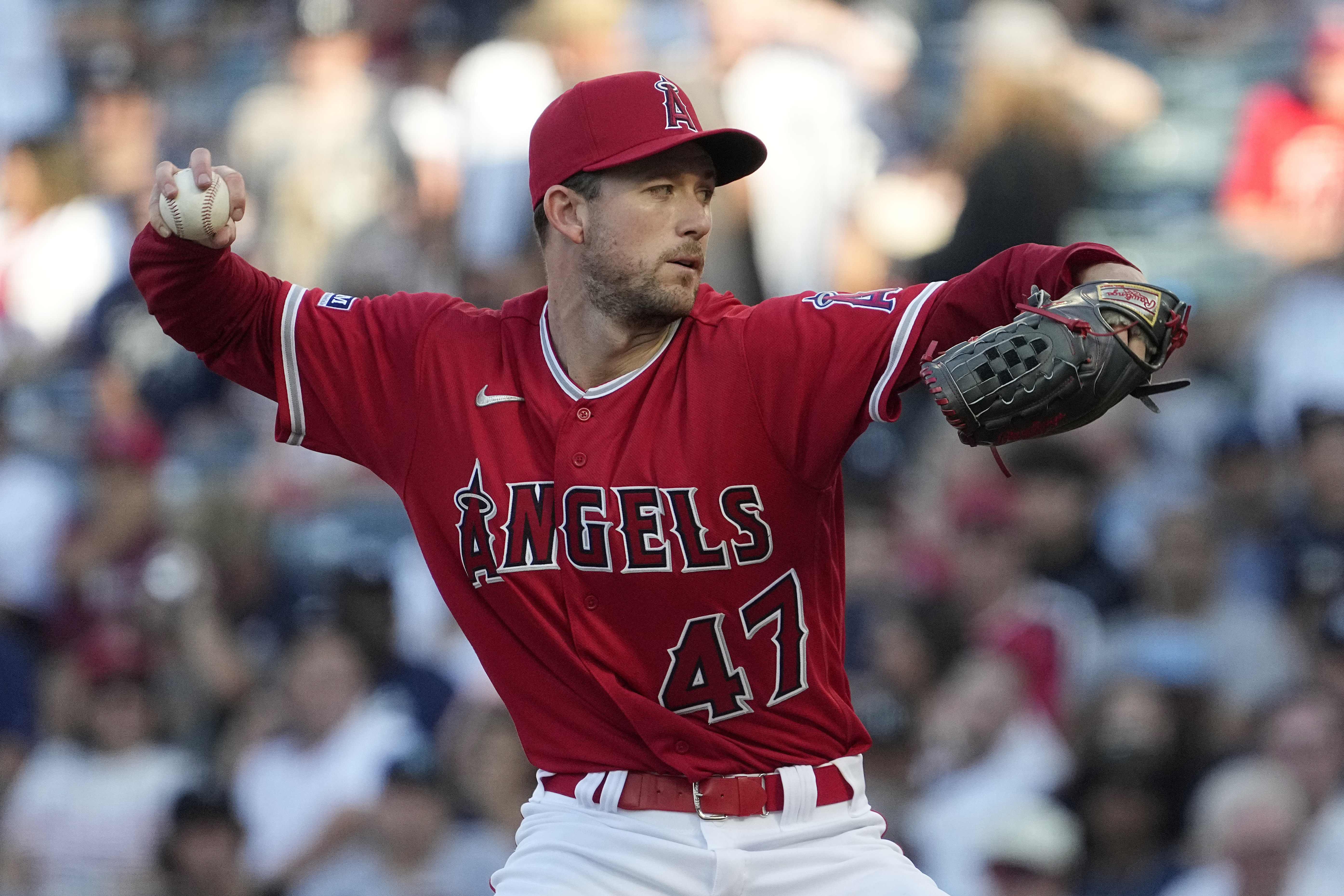 ANAHEIM, CA - JULY 17: Los Angeles Angels pitcher Griffin Canning (47)  pitching during an MLB baseball game against the New York Yankees played on  July 17, 2023 at Angel Stadium in