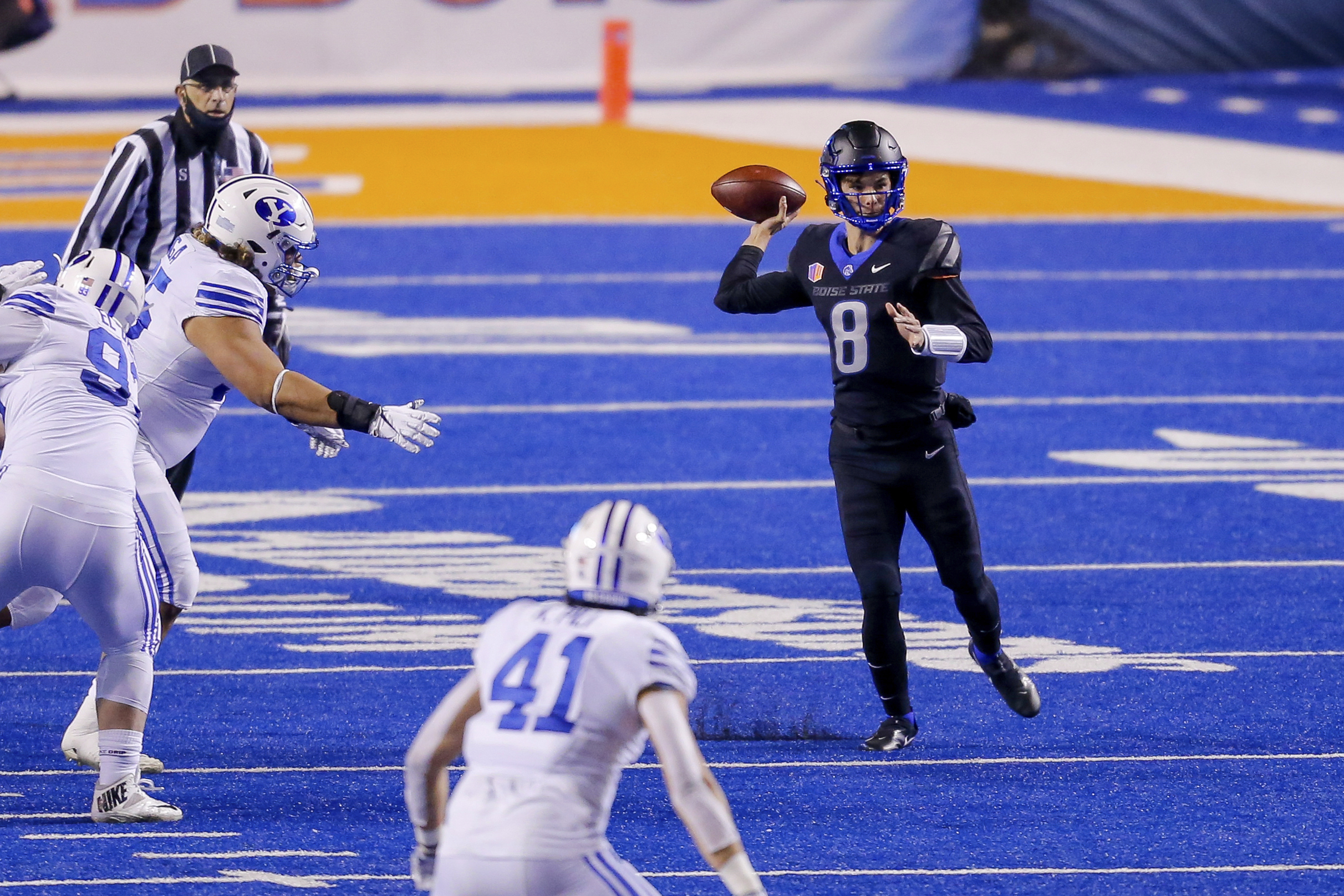 Boise State quarterback Hank Bachmeier (19) throws the ball against  Colorado State during the first half in an NCAA college football game  Thursday, Nov. 12, 2020, in Boise, Idaho. Boise State won