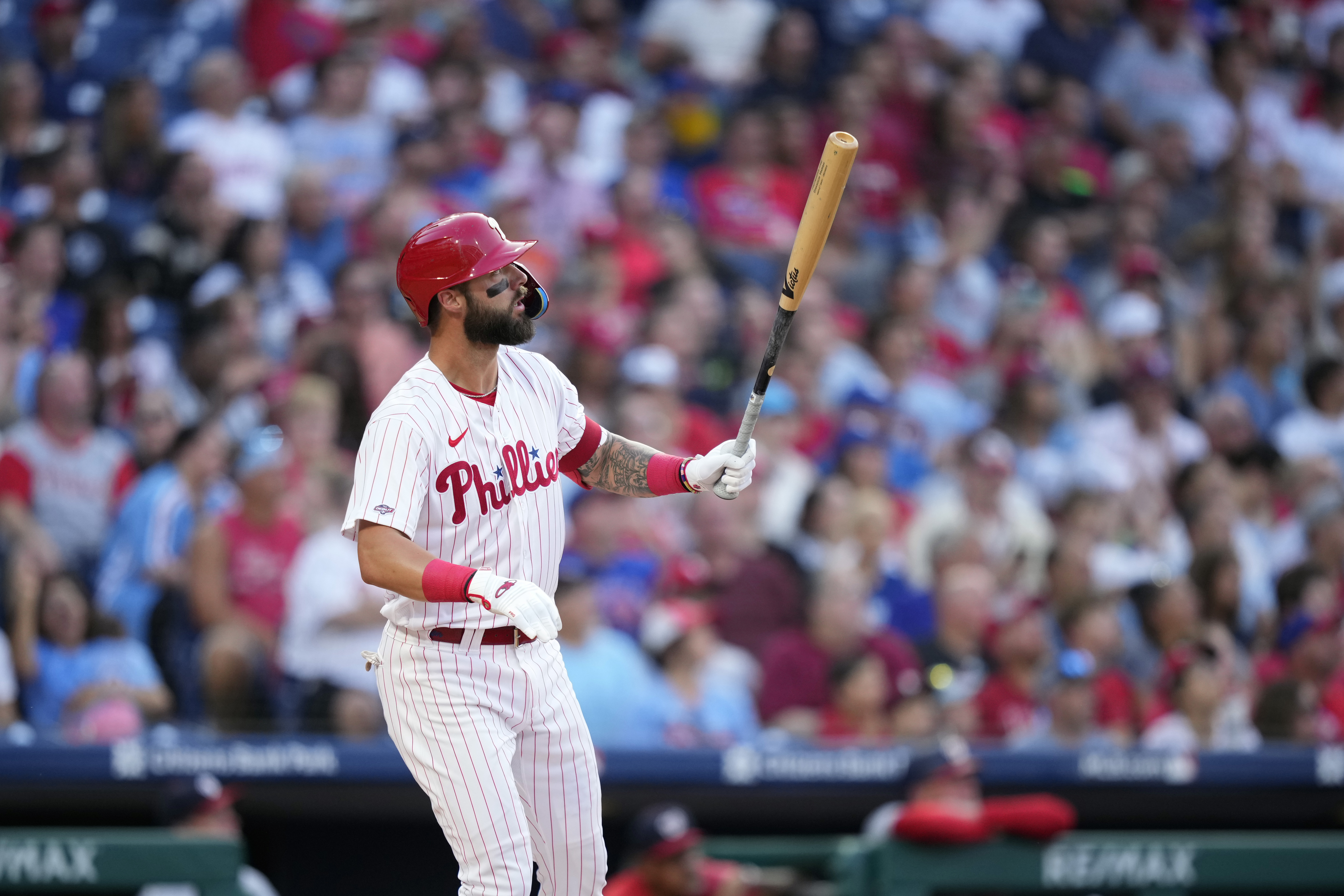 Washington Nationals outfielder Bryce Harper (34) hits go ahead home run  during the top of the tenth inning of game against the Philadelphia  Phillies at Citizens Bank Park in Philadelphia, Pennsylvania on