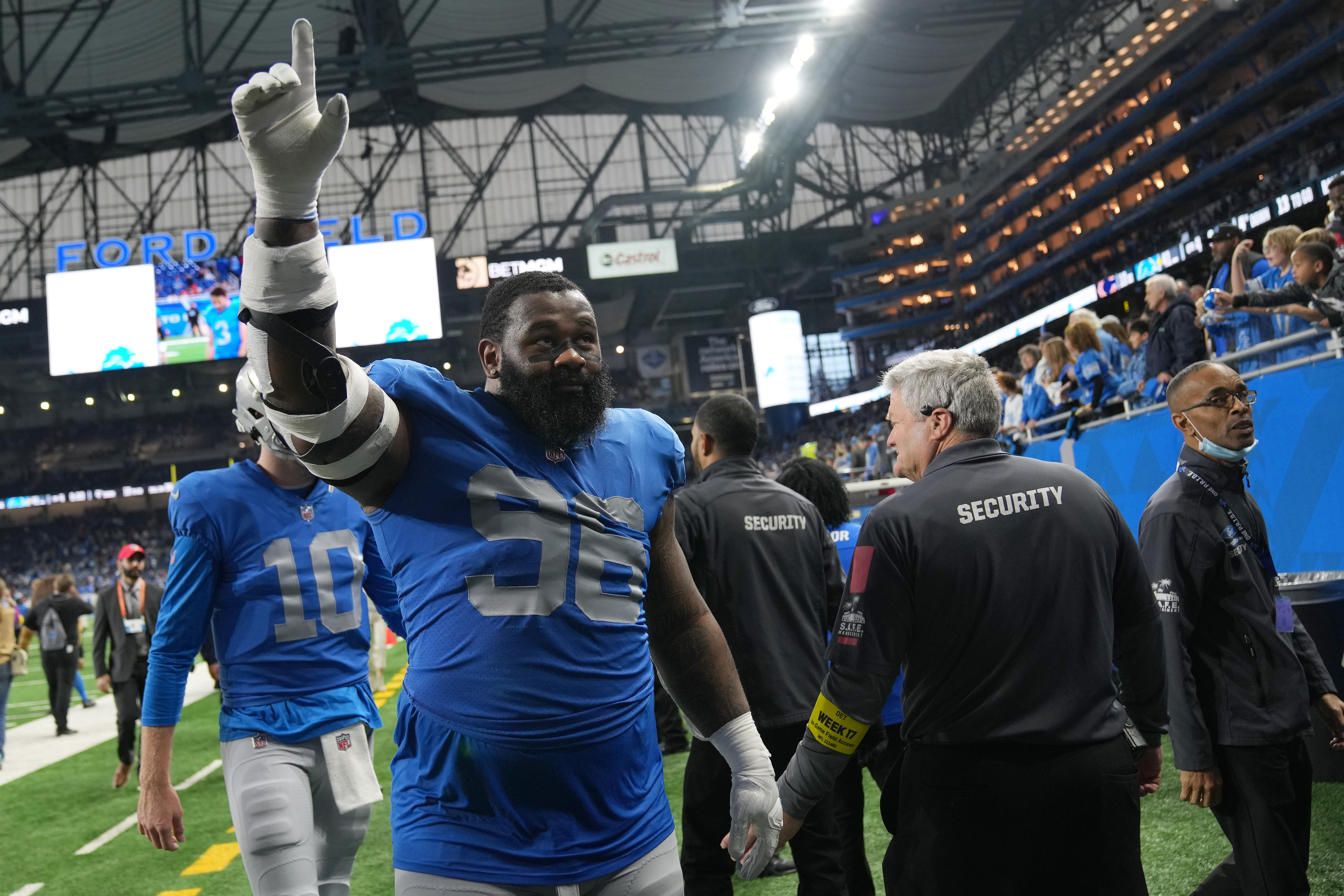 DETROIT, MI - DECEMBER 11: Detroit Lions Defensive End (96) Isaiah Buggs  during introductions before the game between Minnesota Vikings and Detroit  Lions on December 11, 2022 in Detroit, MI (Photo by